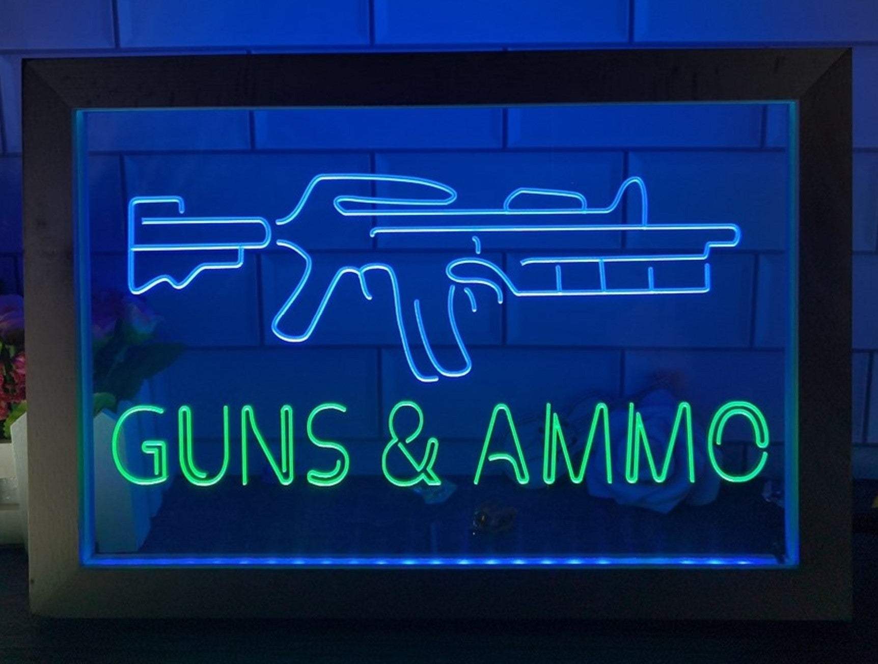 Guns & Ammo Led Neon Sign Framed Wall Hanging Or Desktop Decor