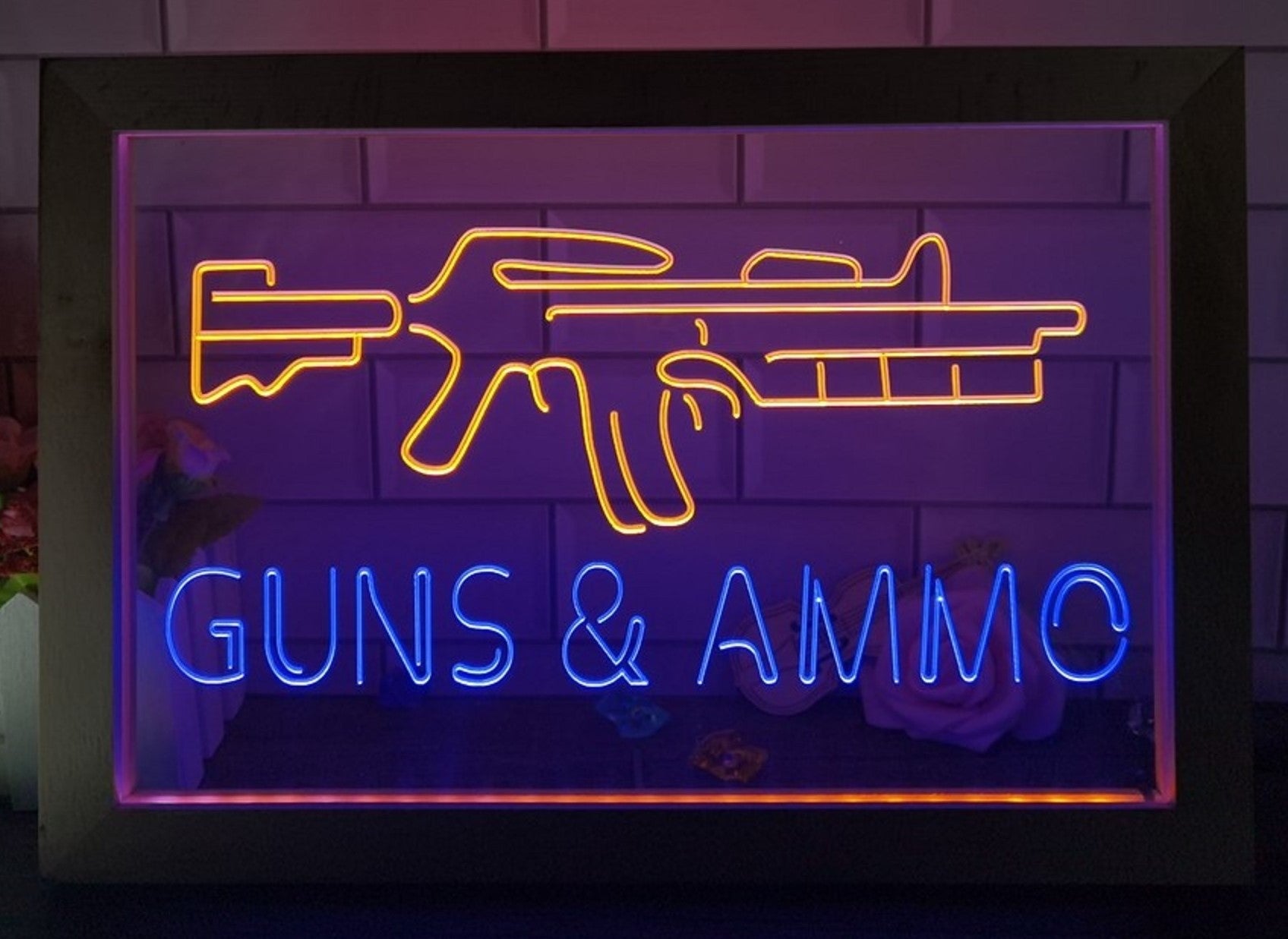 Guns & Ammo Led Neon Sign Framed Wall Hanging Or Desktop Decor