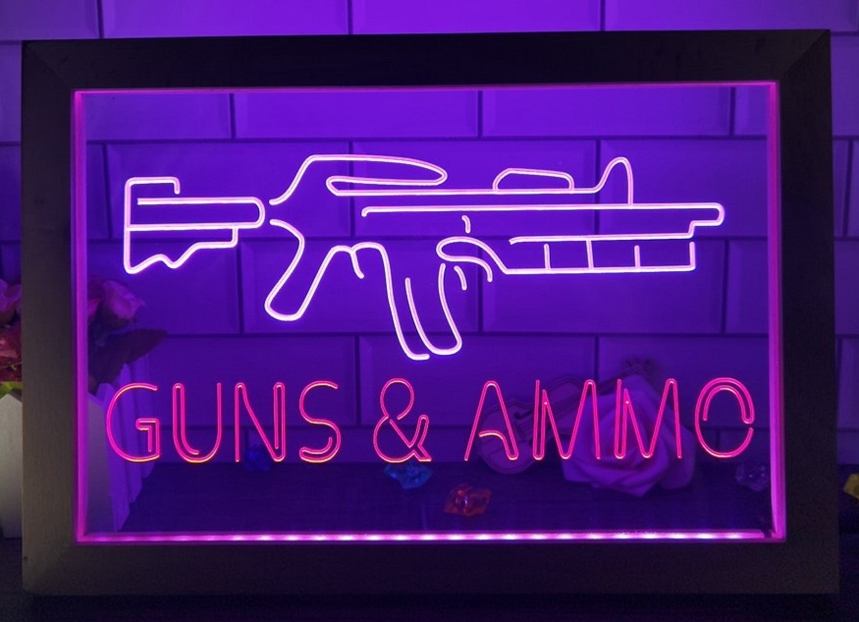 Guns & Ammo Led Neon Sign Framed Wall Hanging Or Desktop Decor