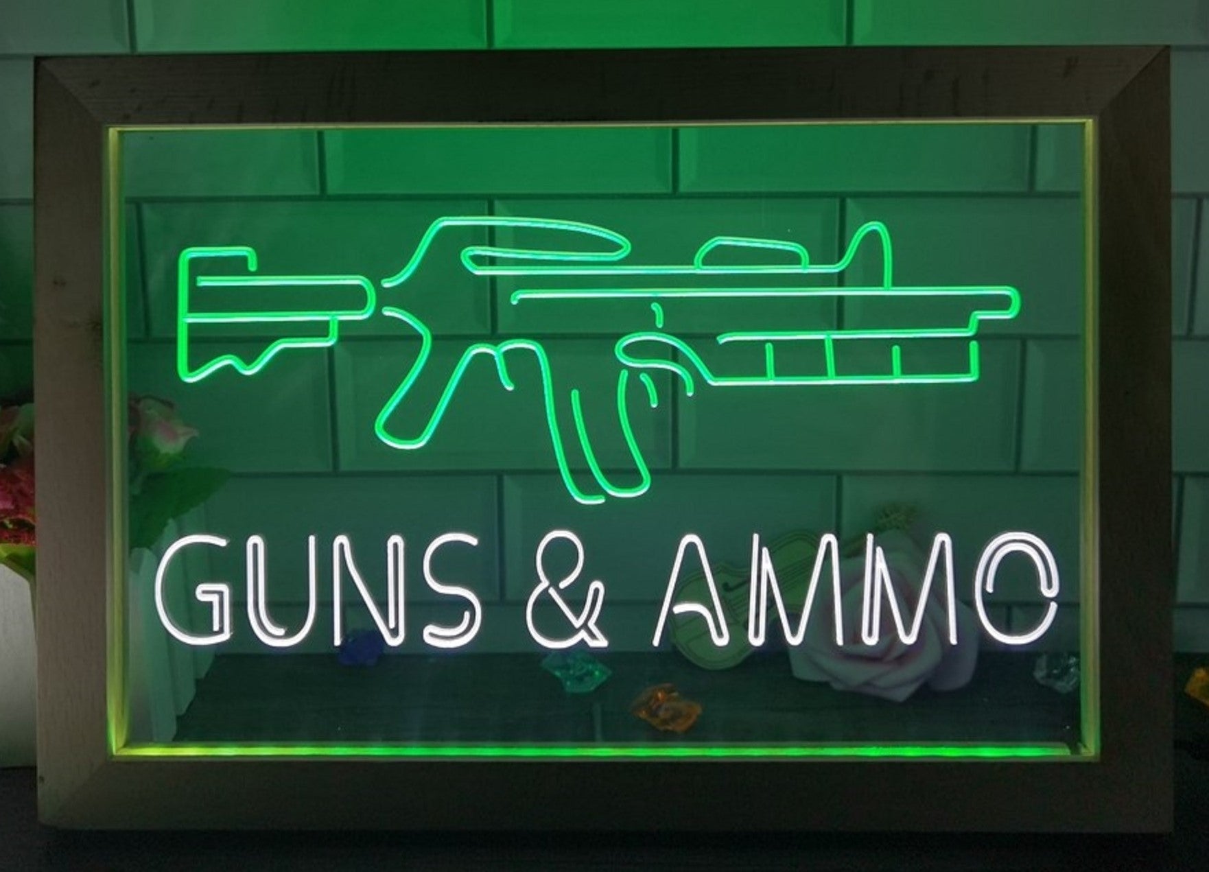 Guns & Ammo Led Neon Sign Framed Wall Hanging Or Desktop Decor