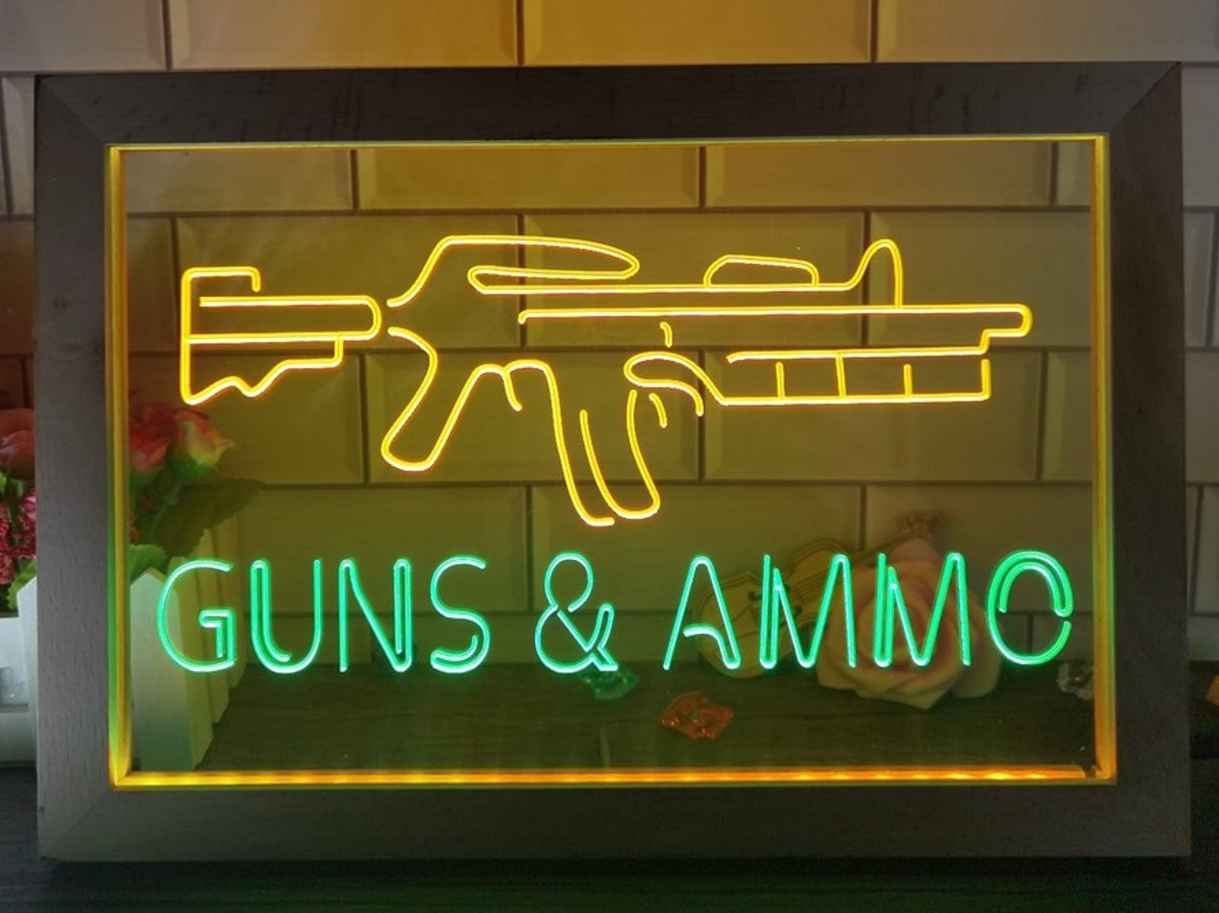 Guns & Ammo Led Neon Sign Framed Wall Hanging Or Desktop Decor