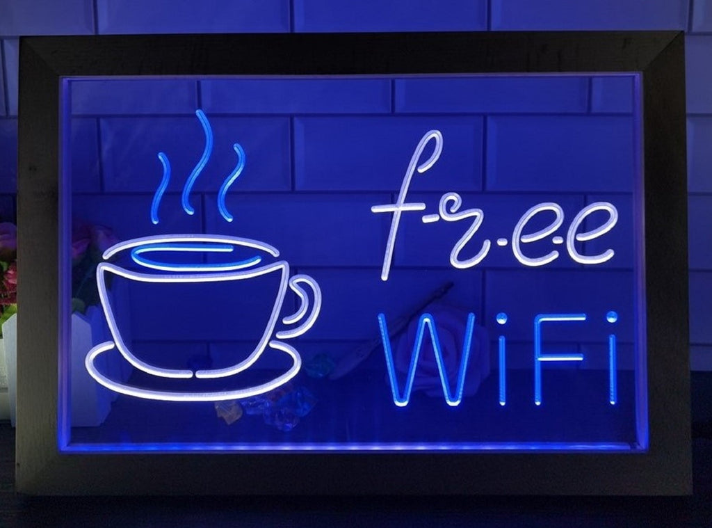 Free Wi Fi Cafe Led Neon Sign Framed Coffee Shop Wall Or Desktop Decor