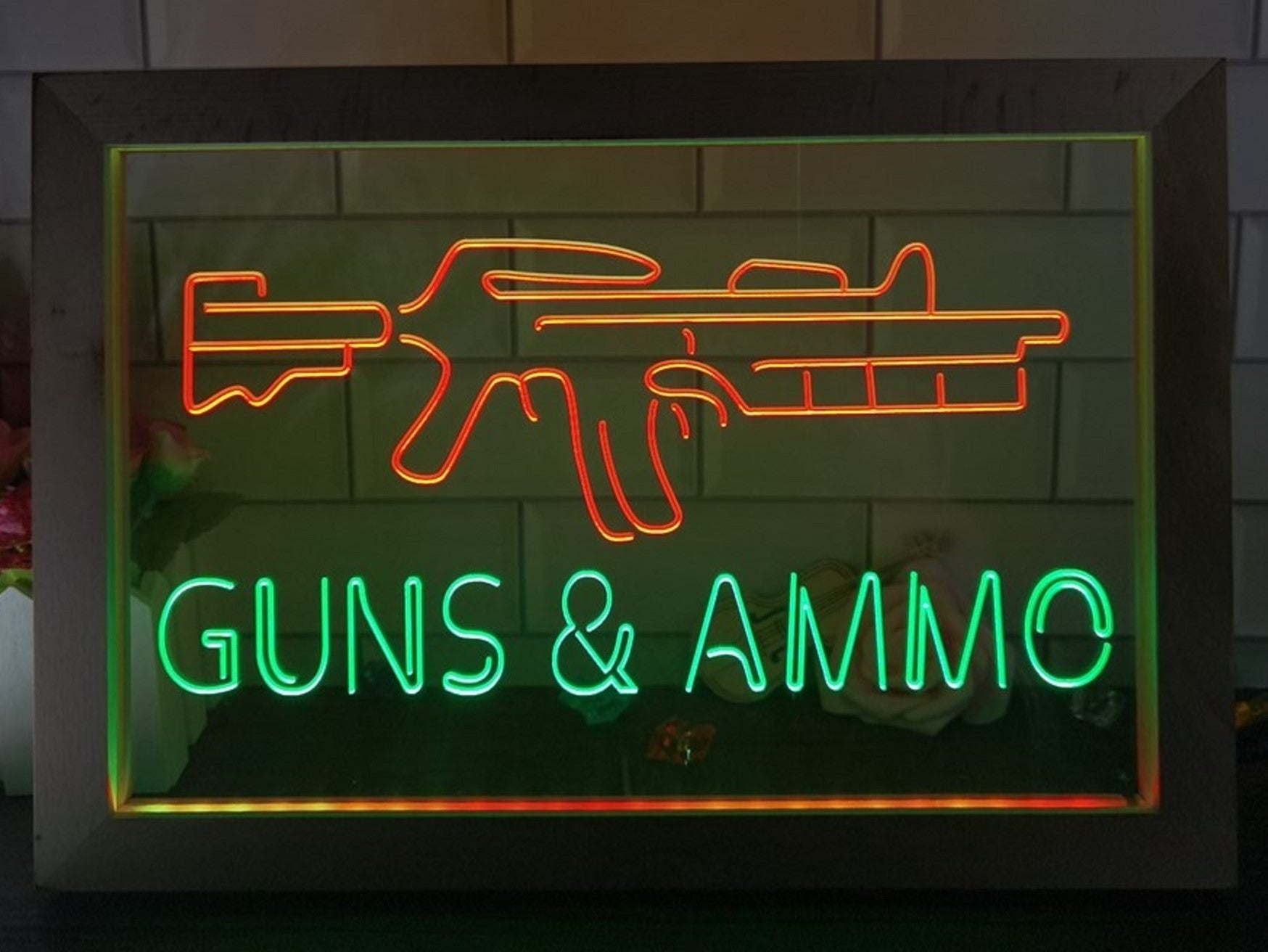 Guns & Ammo Led Neon Sign Framed Wall Hanging Or Desktop Decor
