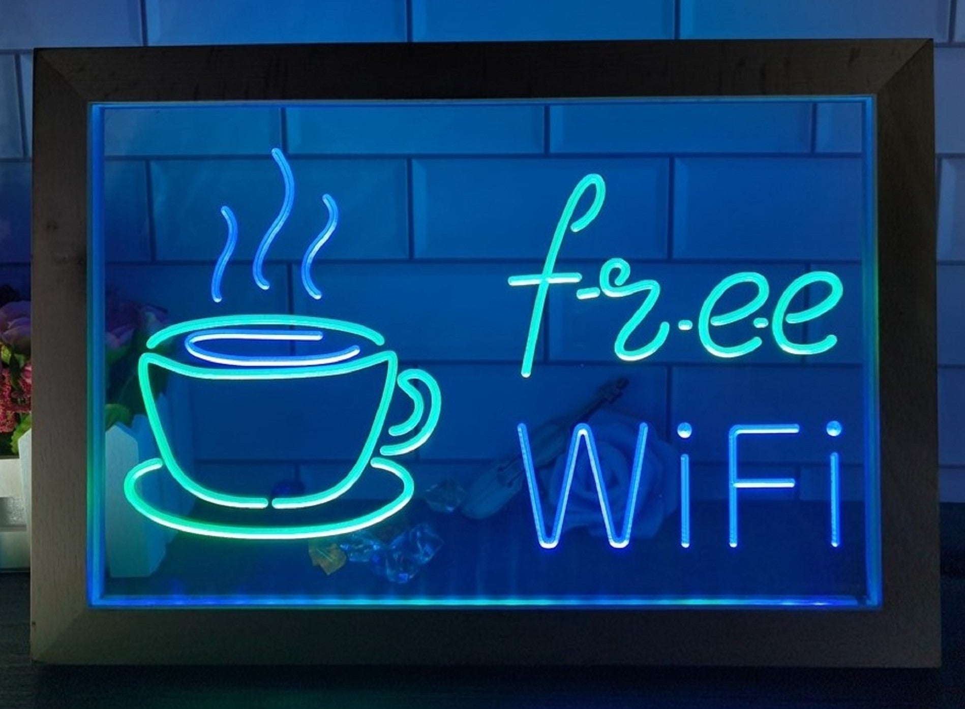 Free Wi Fi Cafe Led Neon Sign Framed Coffee Shop Wall Or Desktop Decor