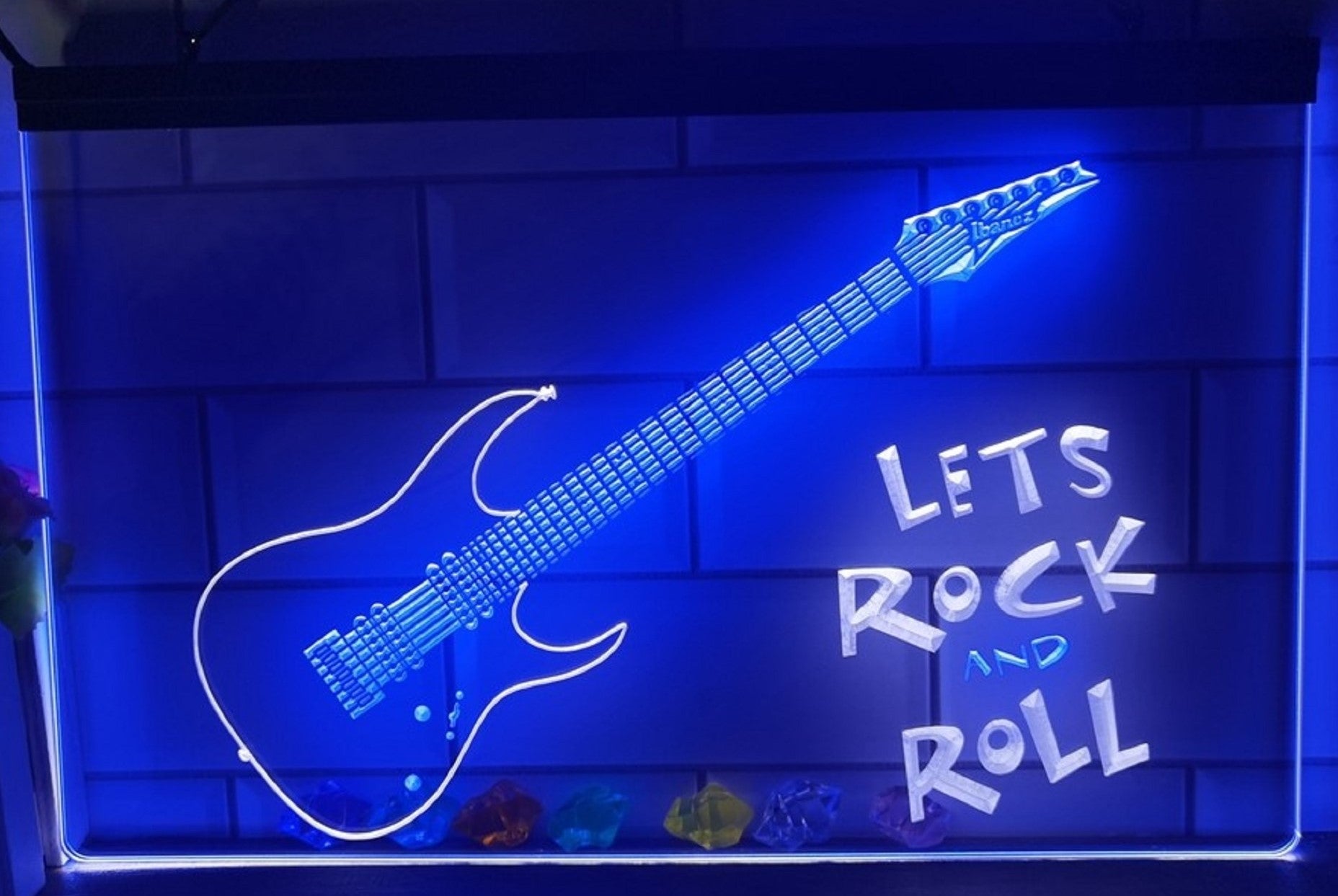Lets Rock And Roll Guitar Led Neon Sign Dual Color Home Music Room Studio Decor