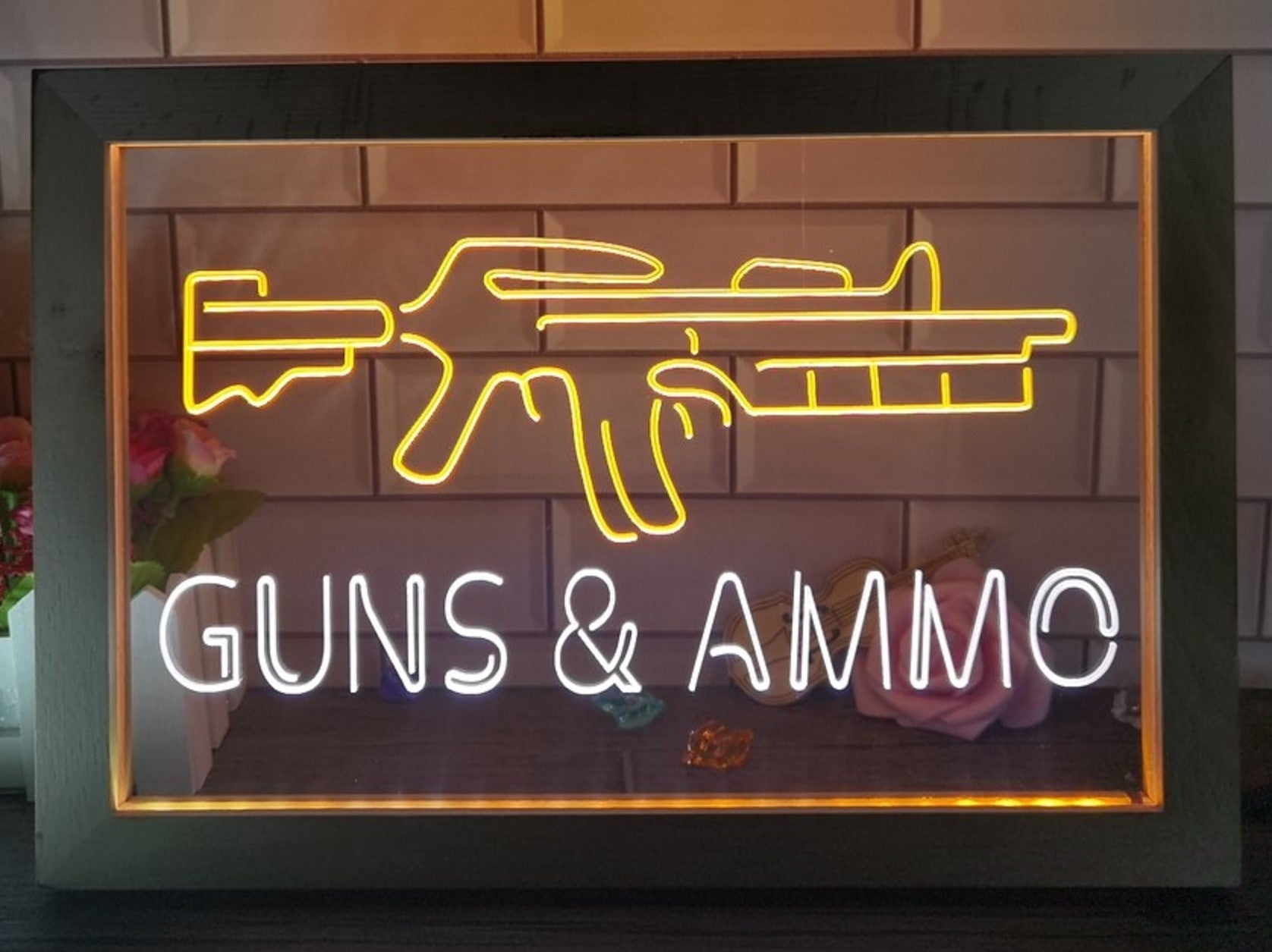 Guns & Ammo Led Neon Sign Framed Wall Hanging Or Desktop Decor