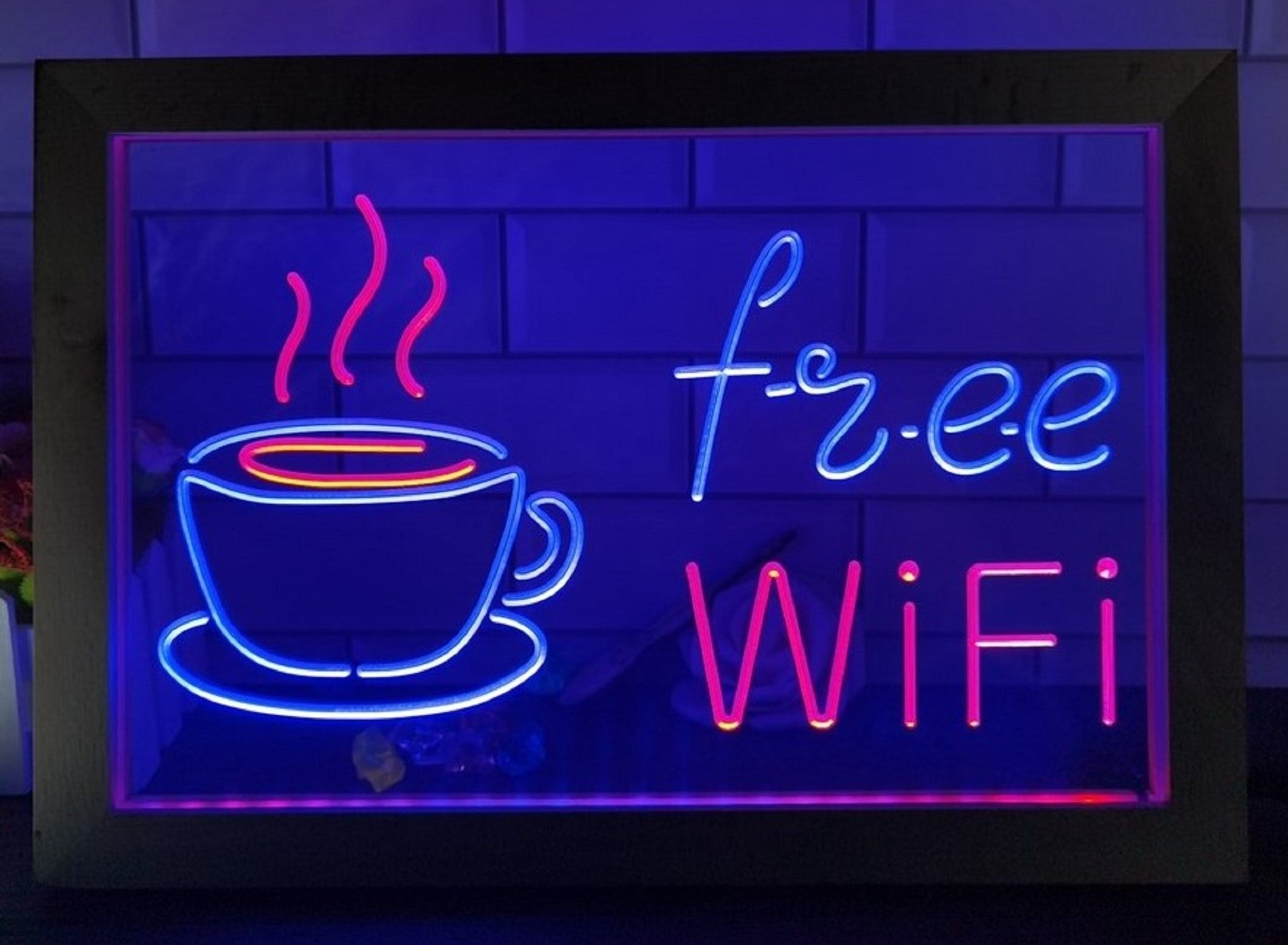 Free Wi Fi Cafe Led Neon Sign Framed Coffee Shop Wall Or Desktop Decor