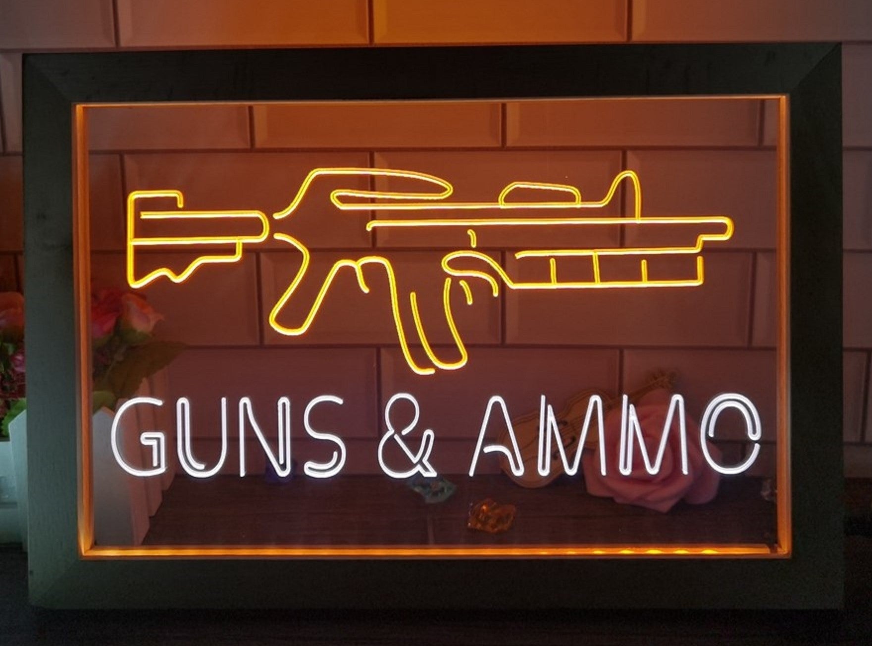 Guns & Ammo Led Neon Sign Framed Wall Hanging Or Desktop Decor