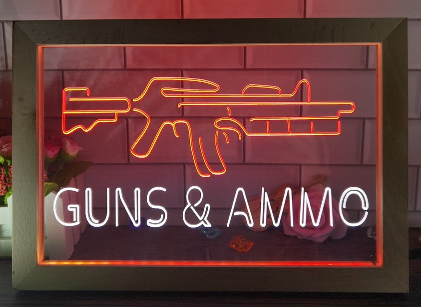Guns & Ammo Led Neon Sign Framed Wall Hanging Or Desktop Decor