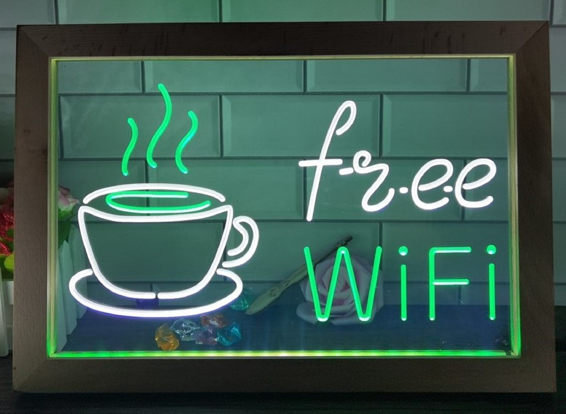Free Wi Fi Cafe Led Neon Sign Framed Coffee Shop Wall Or Desktop Decor