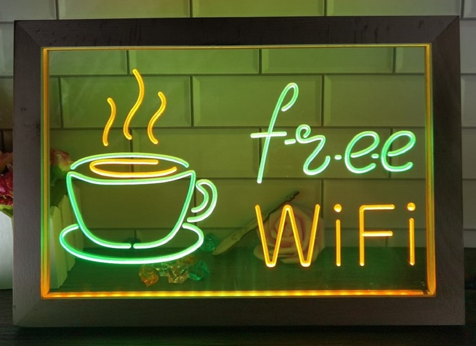 Free Wi Fi Cafe Led Neon Sign Framed Coffee Shop Wall Or Desktop Decor