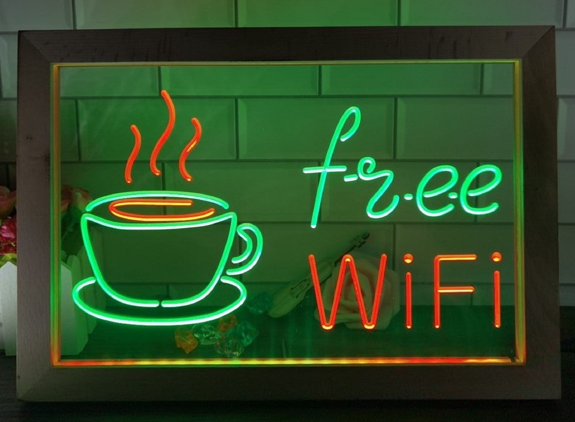 Free Wi Fi Cafe Led Neon Sign Framed Coffee Shop Wall Or Desktop Decor