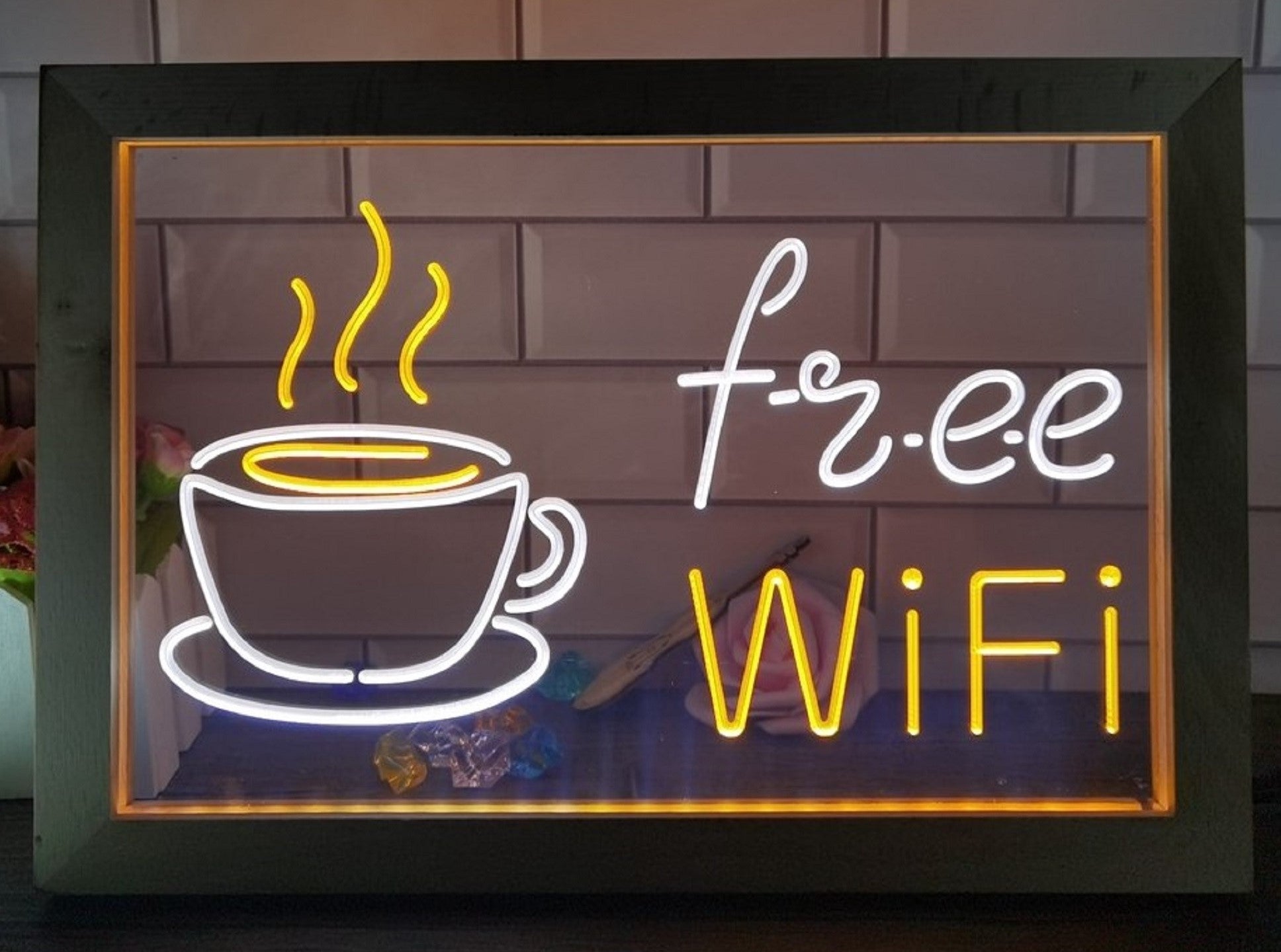 Free Wi Fi Cafe Led Neon Sign Framed Coffee Shop Wall Or Desktop Decor