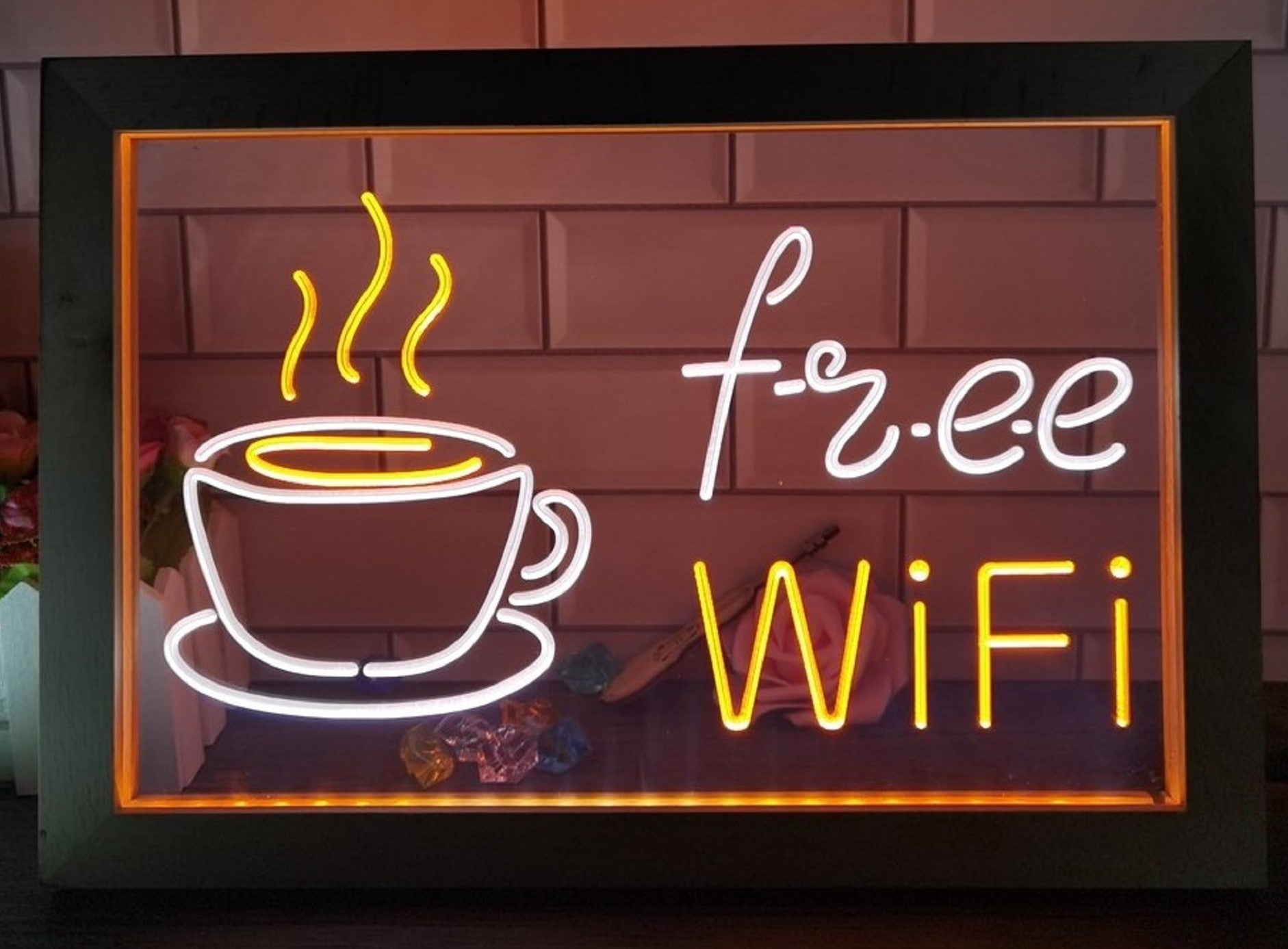Free Wi Fi Cafe Led Neon Sign Framed Coffee Shop Wall Or Desktop Decor