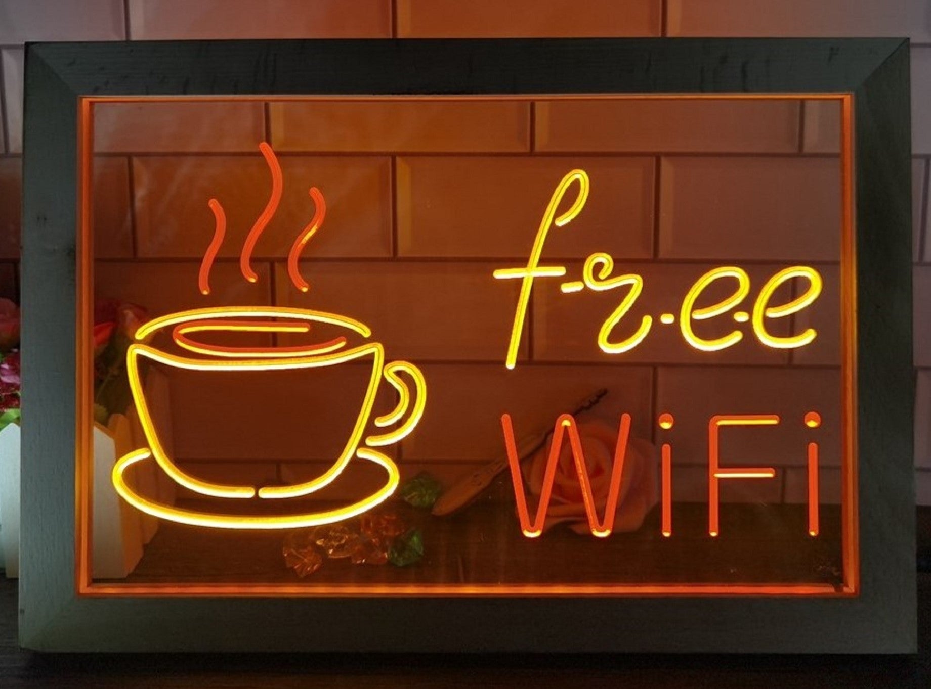 Free Wi Fi Cafe Led Neon Sign Framed Coffee Shop Wall Or Desktop Decor