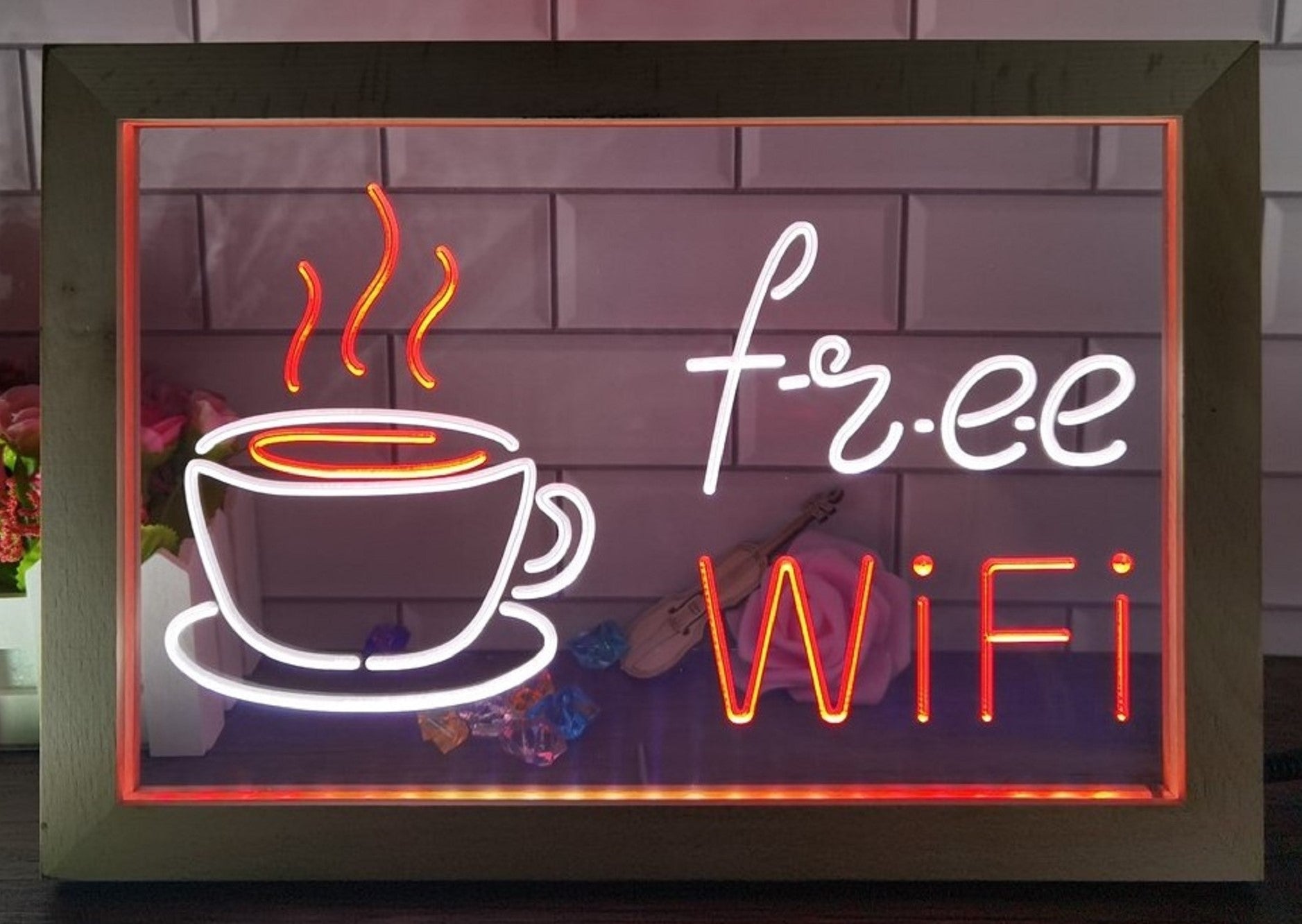 Free Wi Fi Cafe Led Neon Sign Framed Coffee Shop Wall Or Desktop Decor