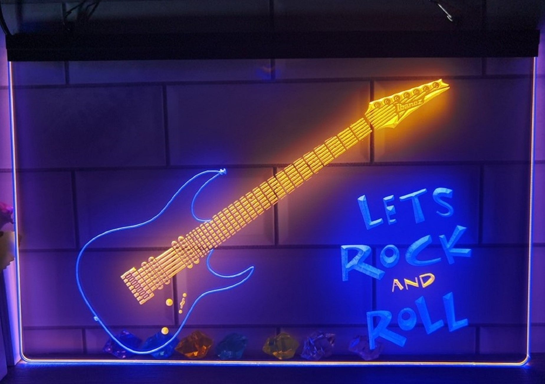 Lets Rock And Roll Guitar Led Neon Sign Dual Color Home Music Room Studio Decor