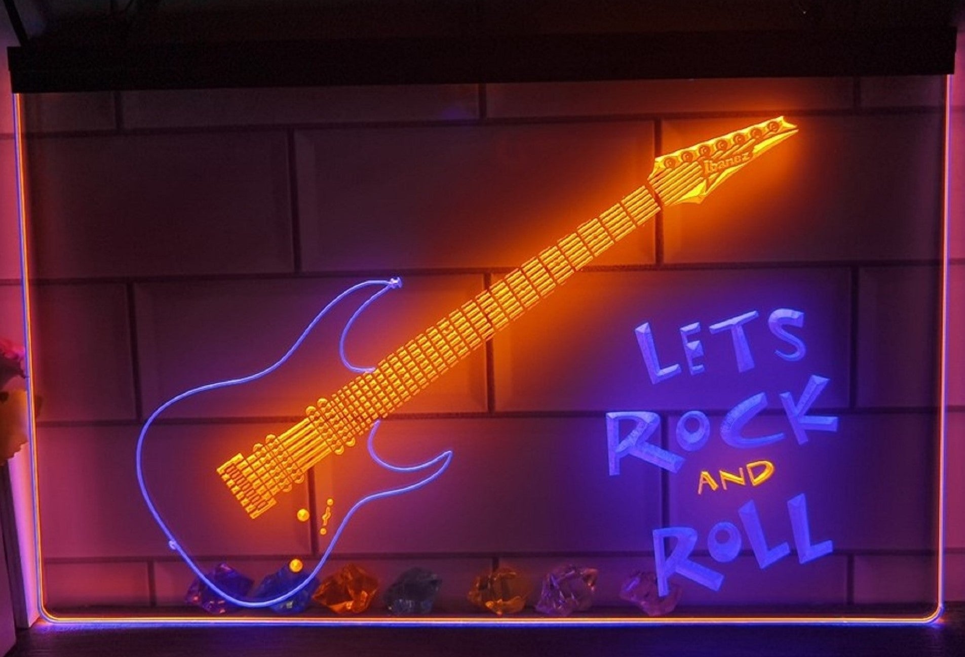 Lets Rock And Roll Guitar Led Neon Sign Dual Color Home Music Room Studio Decor