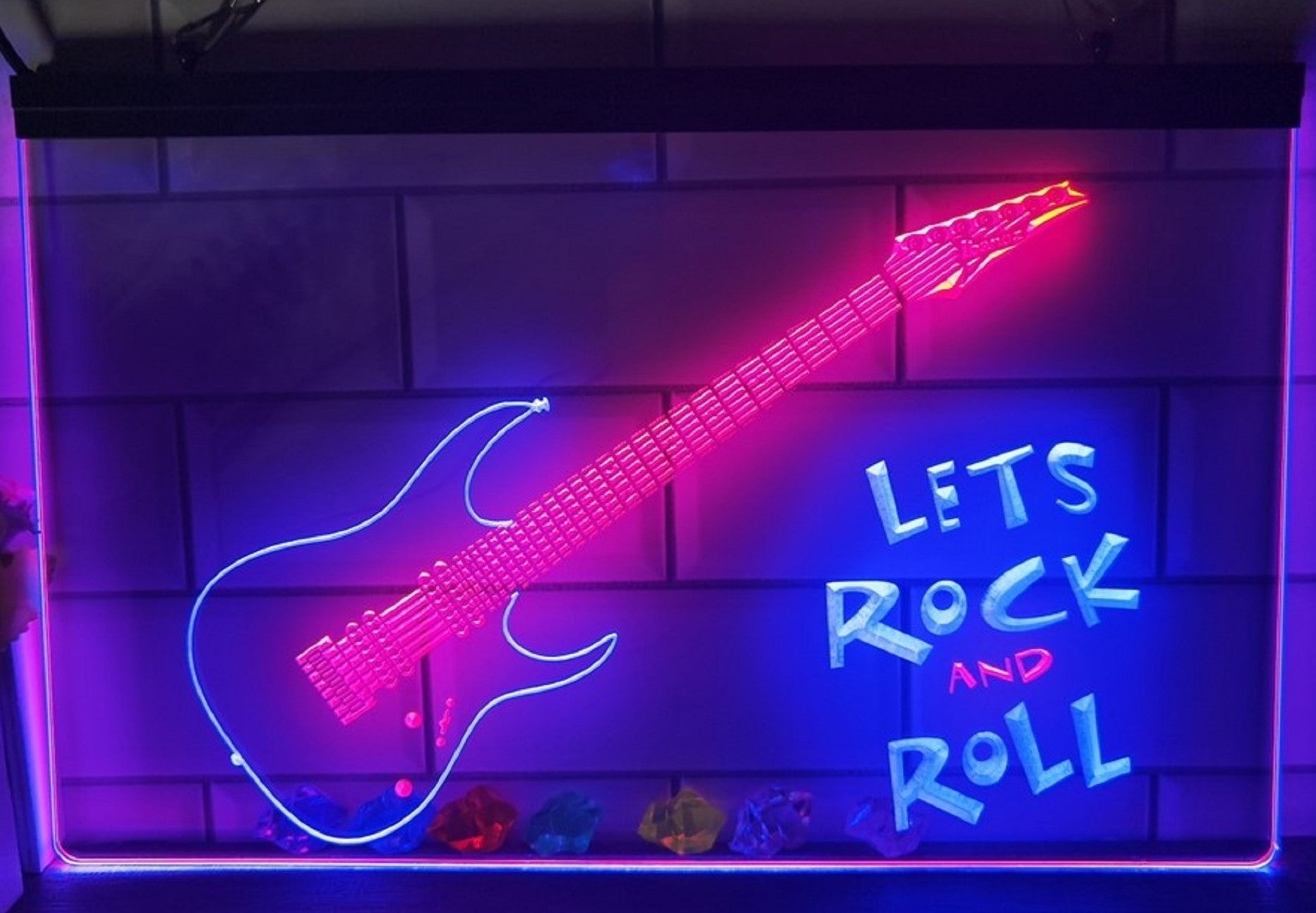 Lets Rock And Roll Guitar Led Neon Sign Dual Color Home Music Room Studio Decor
