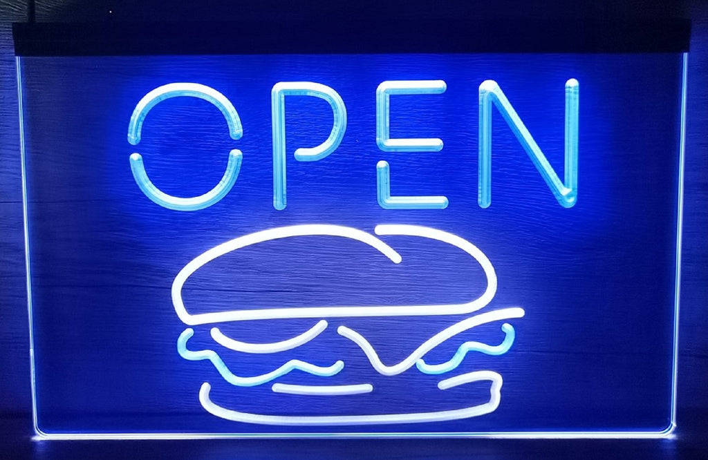 Open Burger Led Neon Sign Dual Color Kebab Burger Restaurant Decor