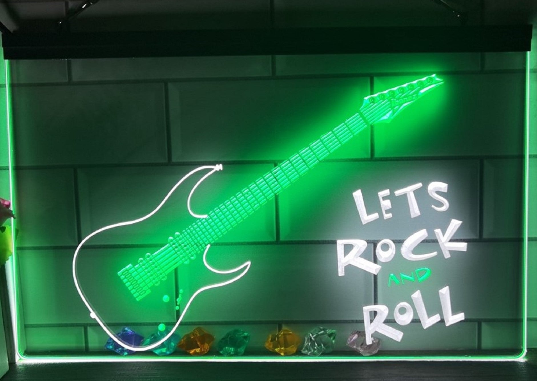Lets Rock And Roll Guitar Led Neon Sign Dual Color Home Music Room Studio Decor