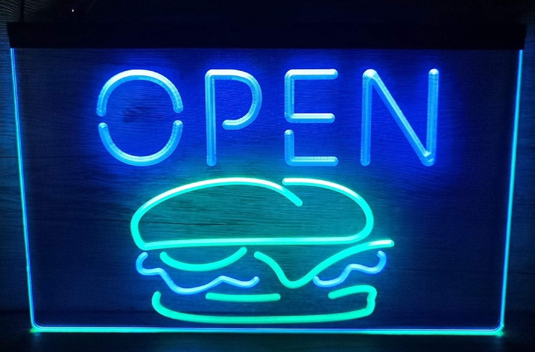 Open Burger Led Neon Sign Dual Color Kebab Burger Restaurant Decor