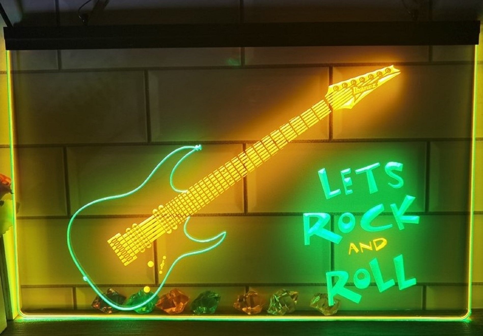 Lets Rock And Roll Guitar Led Neon Sign Dual Color Home Music Room Studio Decor