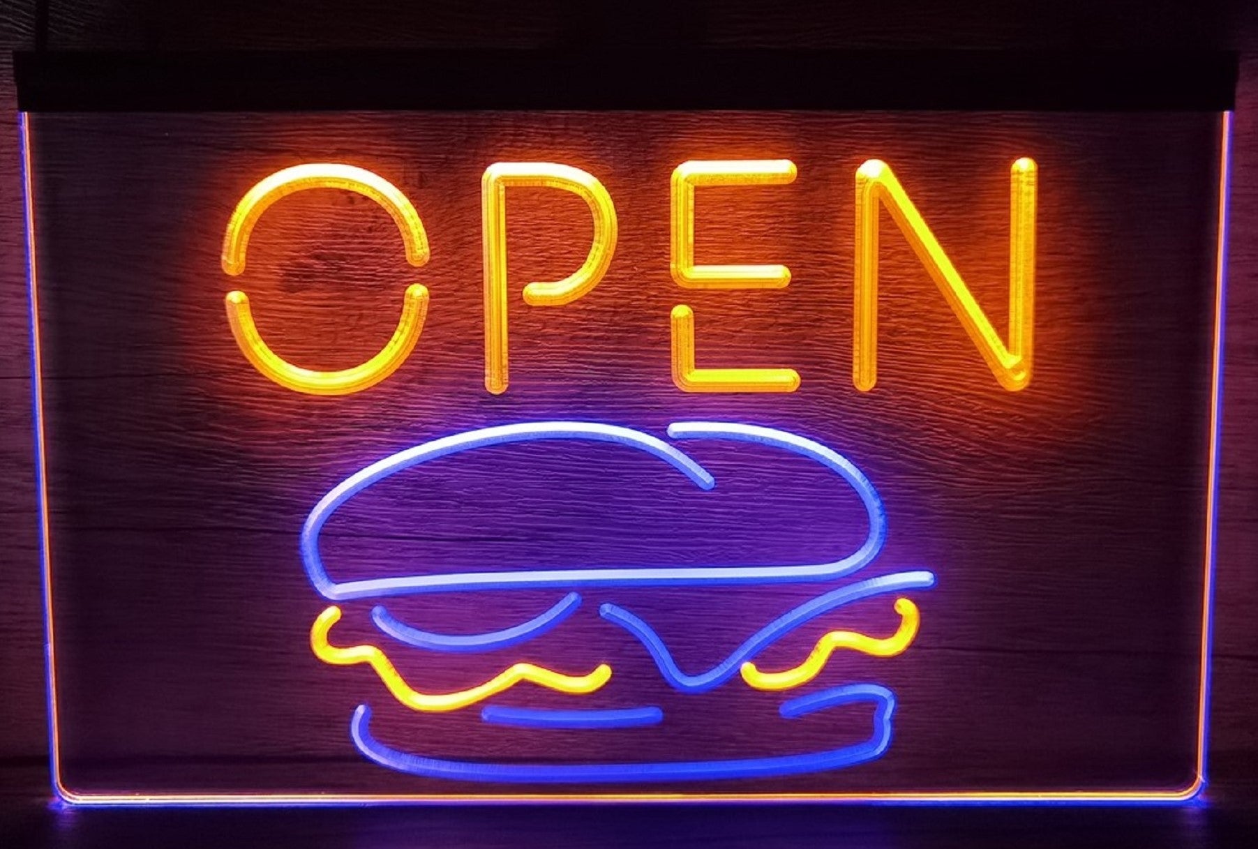 Open Burger Led Neon Sign Dual Color Kebab Burger Restaurant Decor