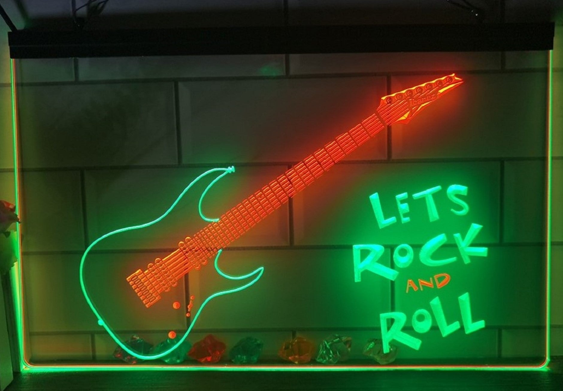 Lets Rock And Roll Guitar Led Neon Sign Dual Color Home Music Room Studio Decor