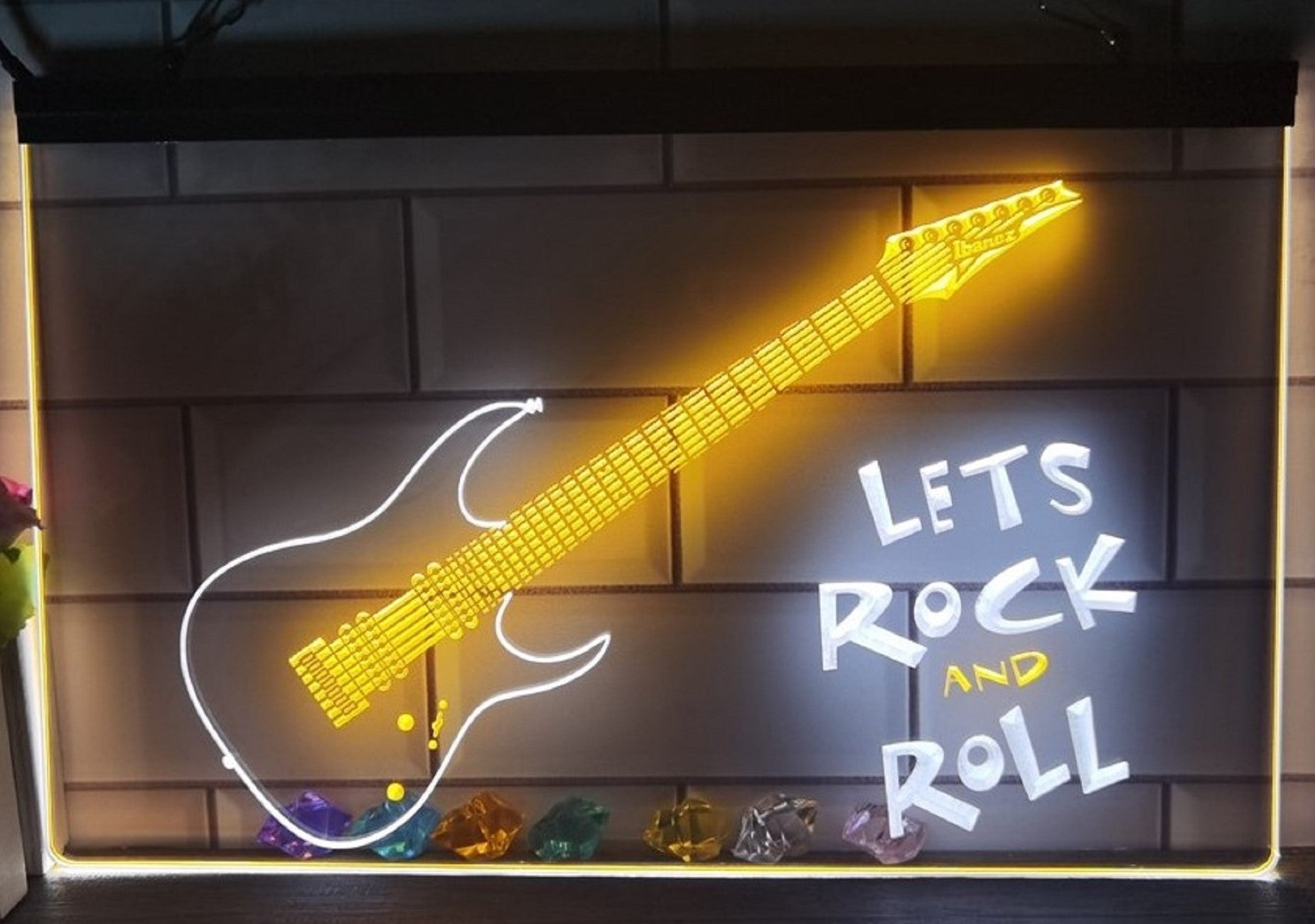 Lets Rock And Roll Guitar Led Neon Sign Dual Color Home Music Room Studio Decor