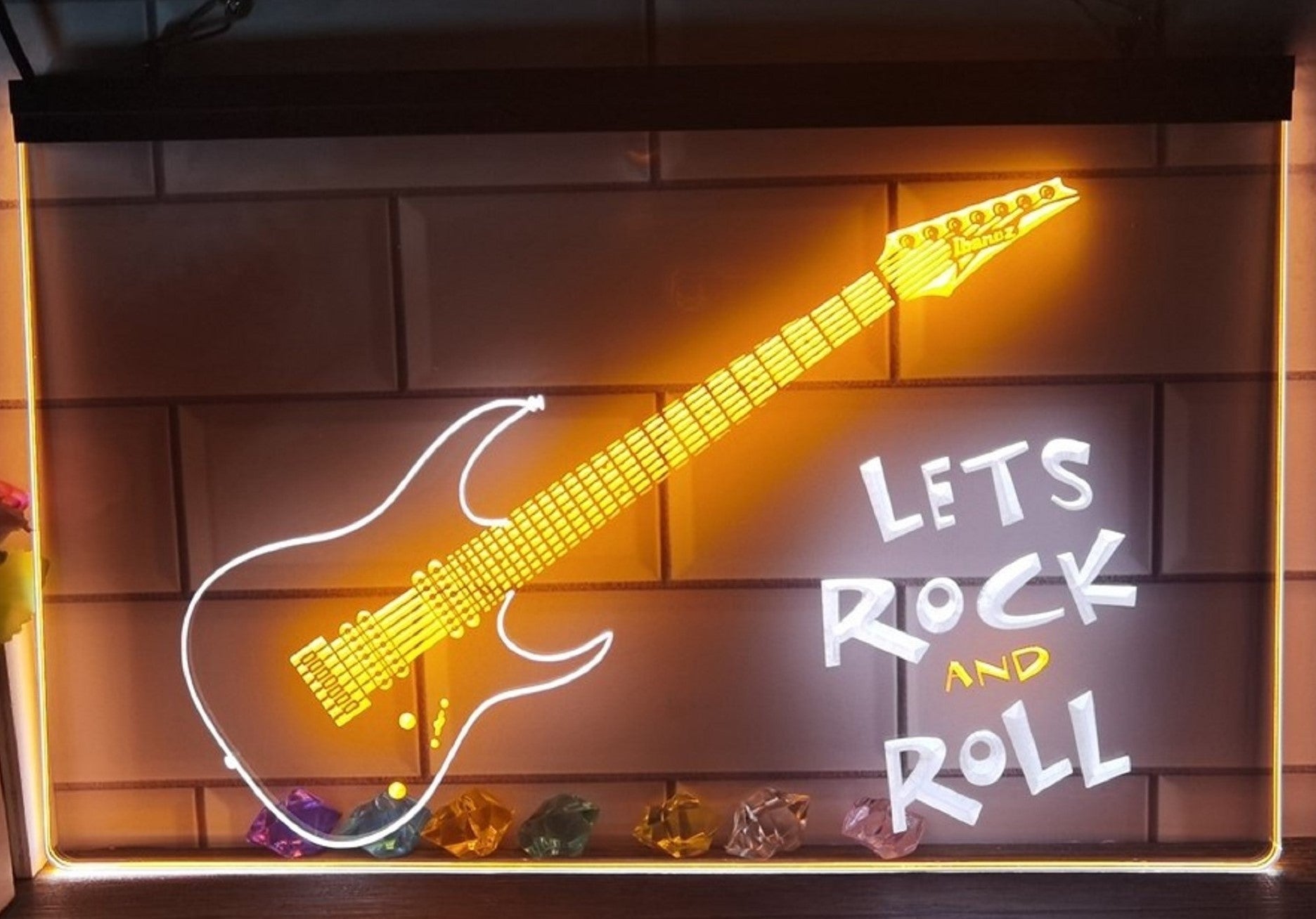 Lets Rock And Roll Guitar Led Neon Sign Dual Color Home Music Room Studio Decor