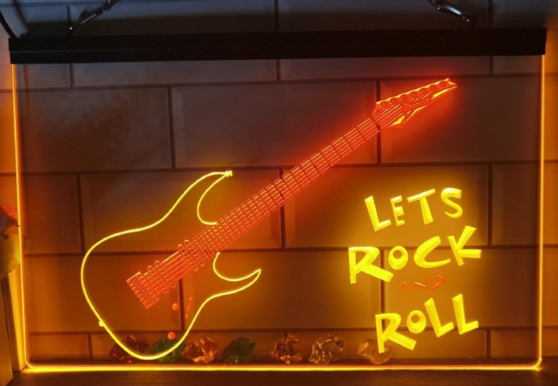 Lets Rock And Roll Guitar Led Neon Sign Dual Color Home Music Room Studio Decor