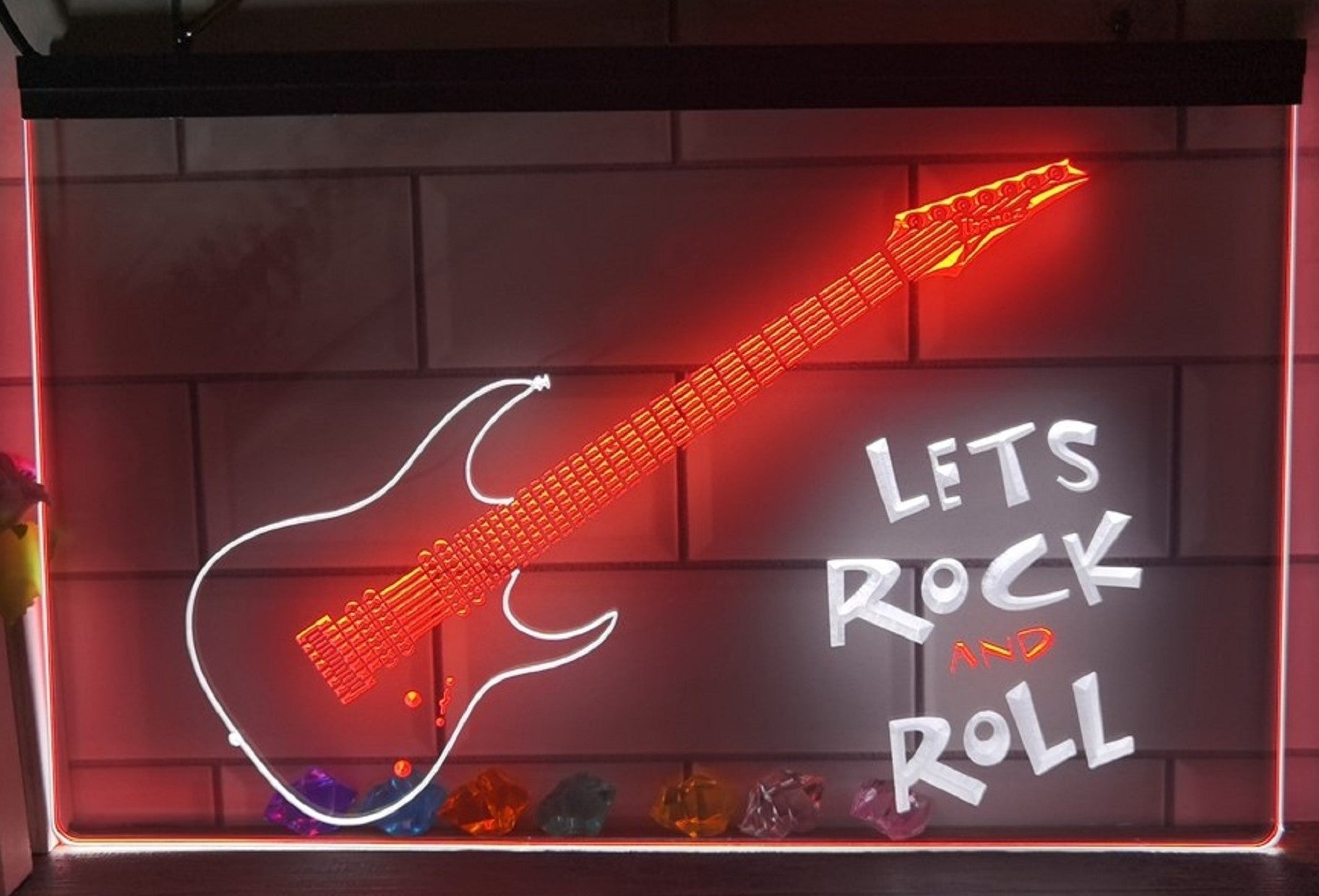 Lets Rock And Roll Guitar Led Neon Sign Dual Color Home Music Room Studio Decor