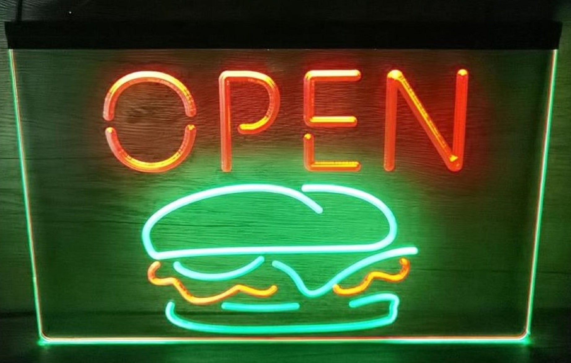 Open Burger Led Neon Sign Dual Color Kebab Burger Restaurant Decor