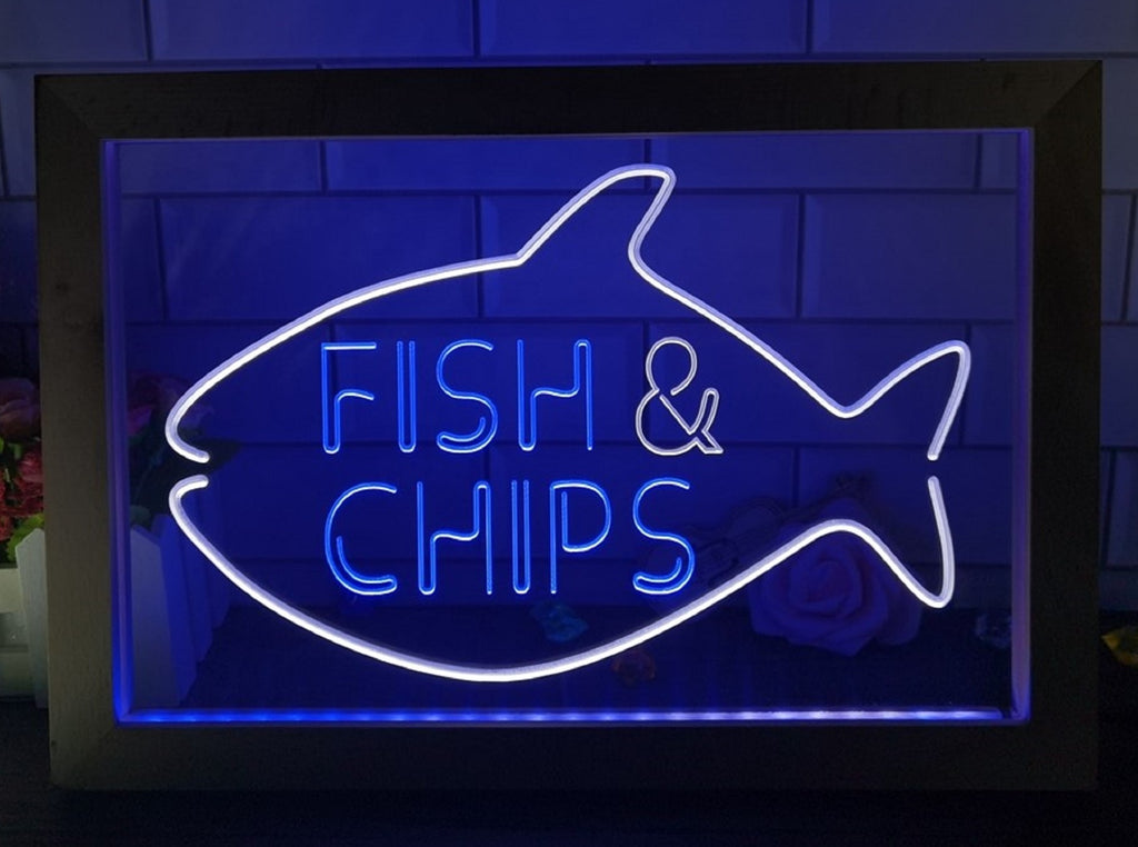 Fish & Chips Open Led Neon Sign Framed Home Kitchen Fish Restaurant Decor