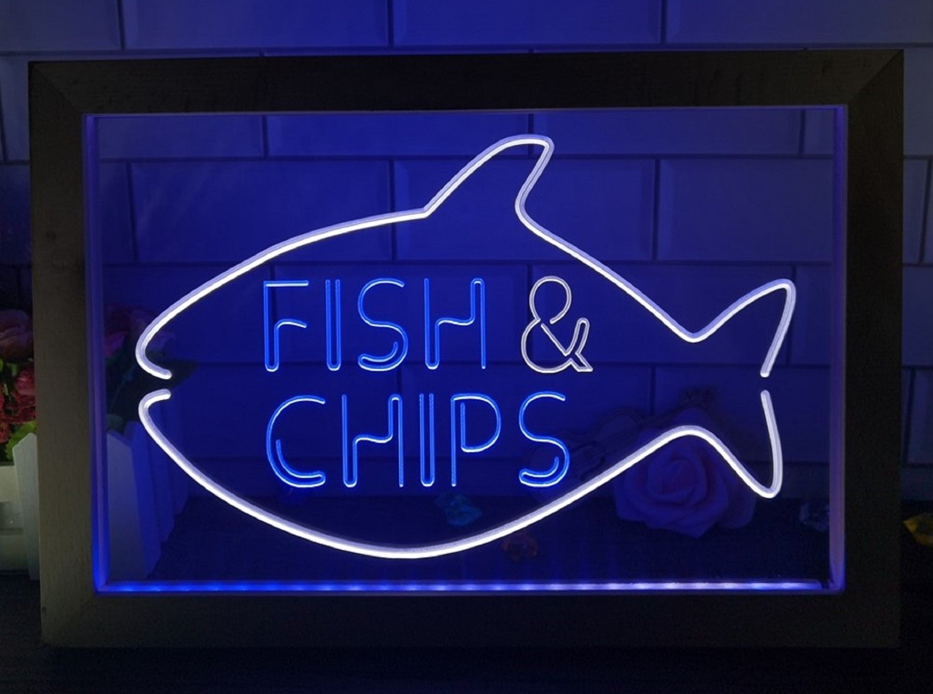 Fish & Chips Open Led Neon Sign Framed Home Kitchen Fish Restaurant Decor
