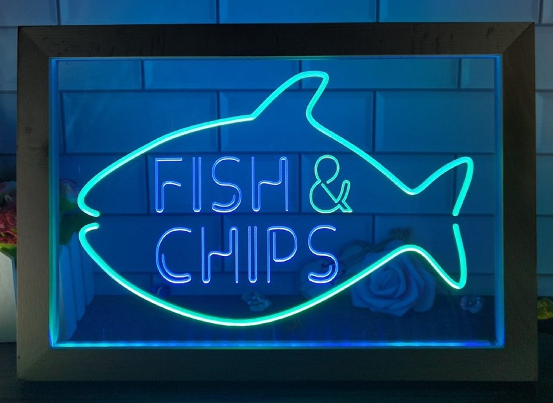 Fish & Chips Open Led Neon Sign Framed Home Kitchen Fish Restaurant Decor