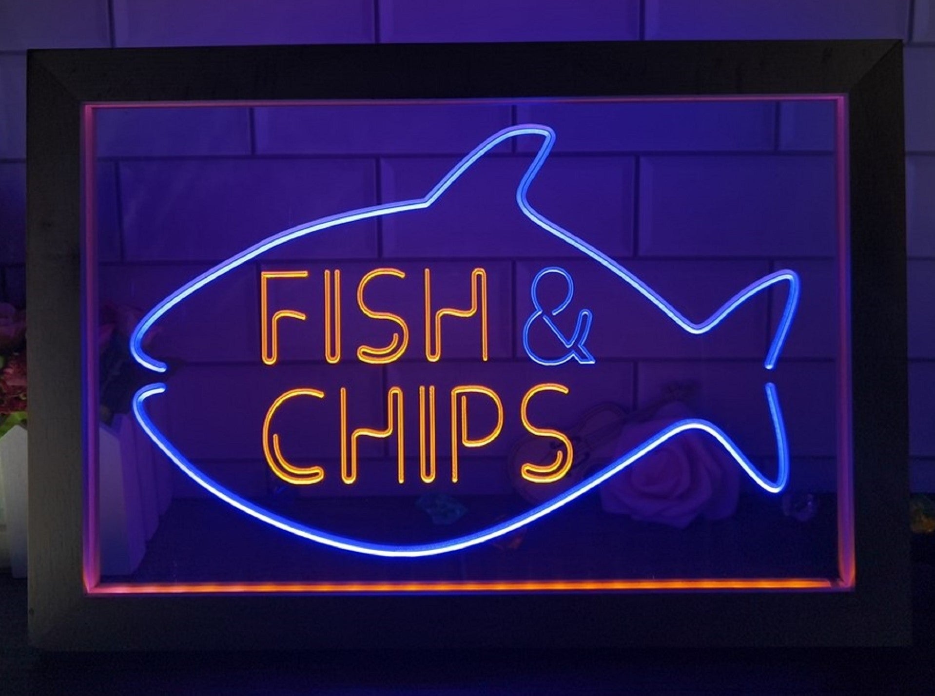 Fish & Chips Open Led Neon Sign Framed Home Kitchen Fish Restaurant Decor
