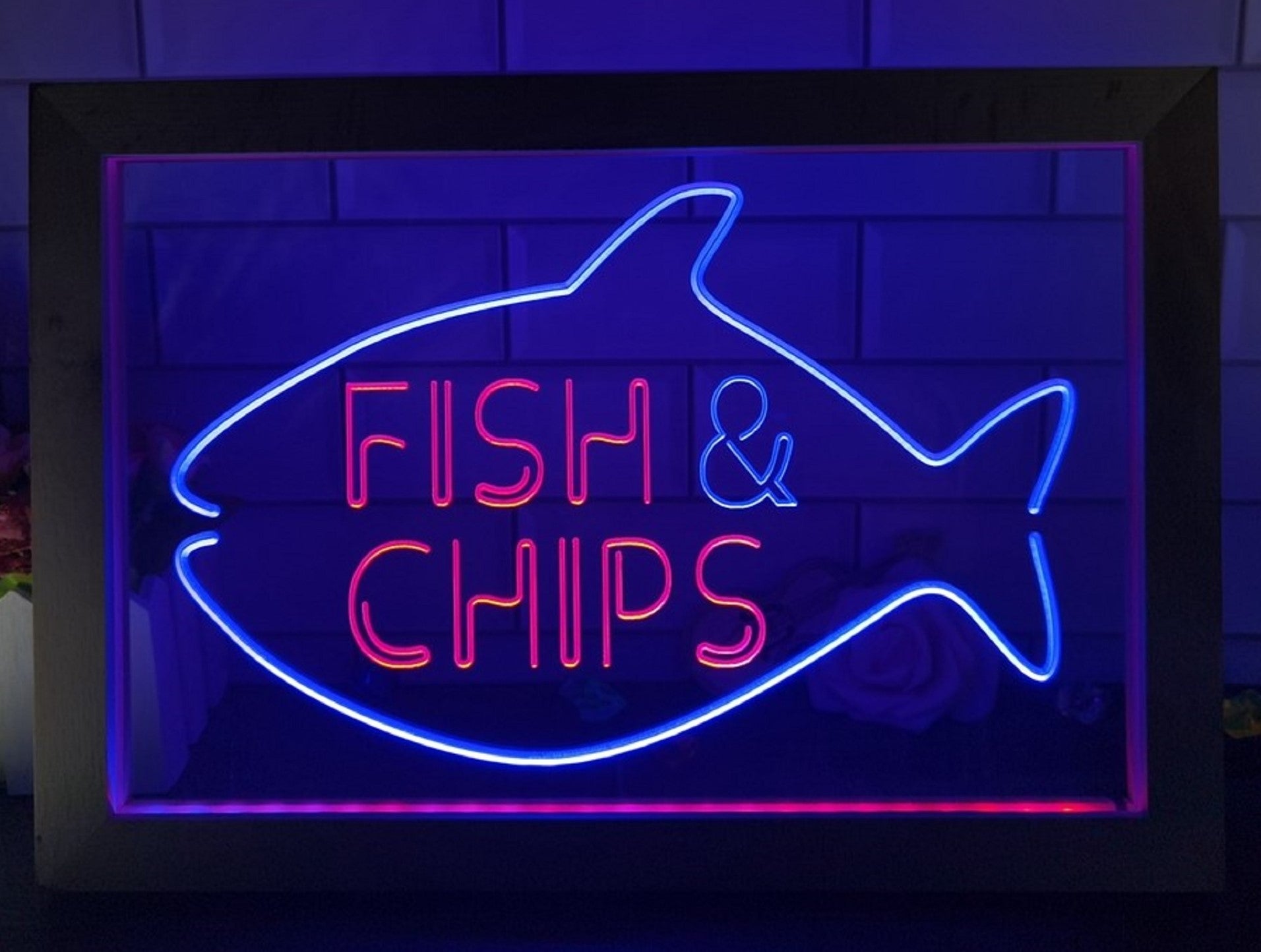 Fish & Chips Open Led Neon Sign Framed Home Kitchen Fish Restaurant Decor