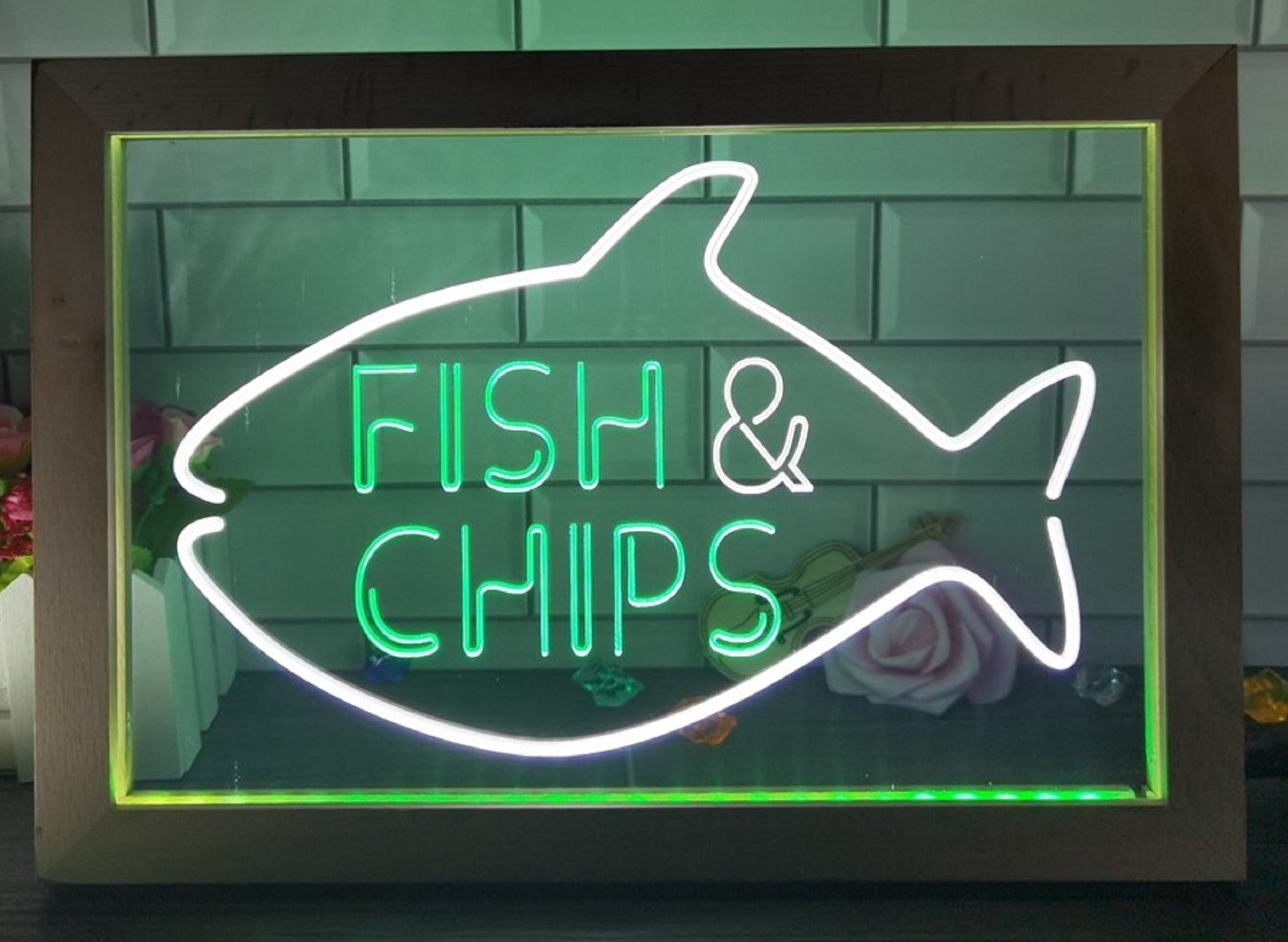 Fish & Chips Open Led Neon Sign Framed Home Kitchen Fish Restaurant Decor