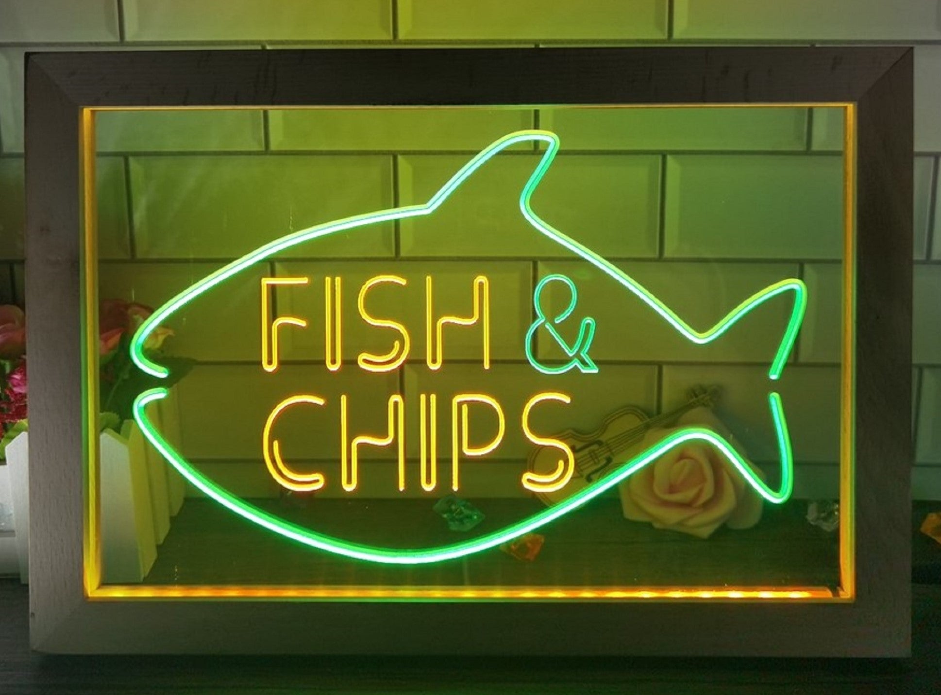 Fish & Chips Open Led Neon Sign Framed Home Kitchen Fish Restaurant Decor