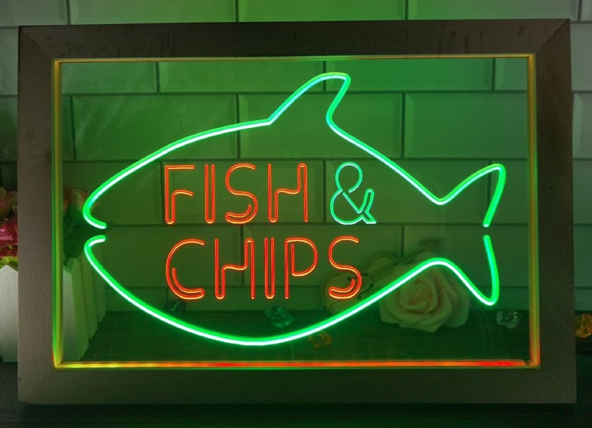 Fish & Chips Open Led Neon Sign Framed Home Kitchen Fish Restaurant Decor