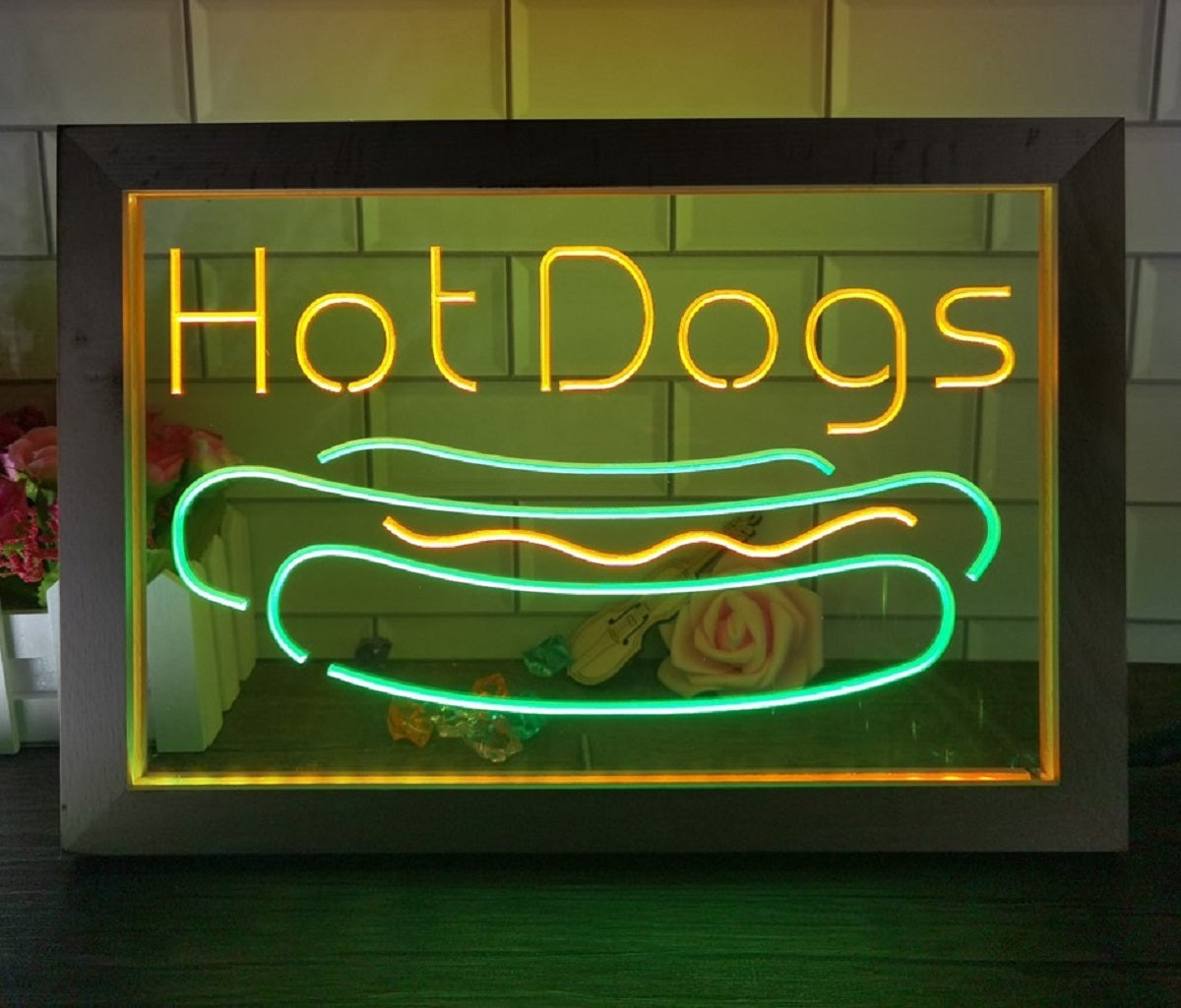 Hot Dogs Led Neon Sign Framed Burger Hot Dog Restaurant Decor