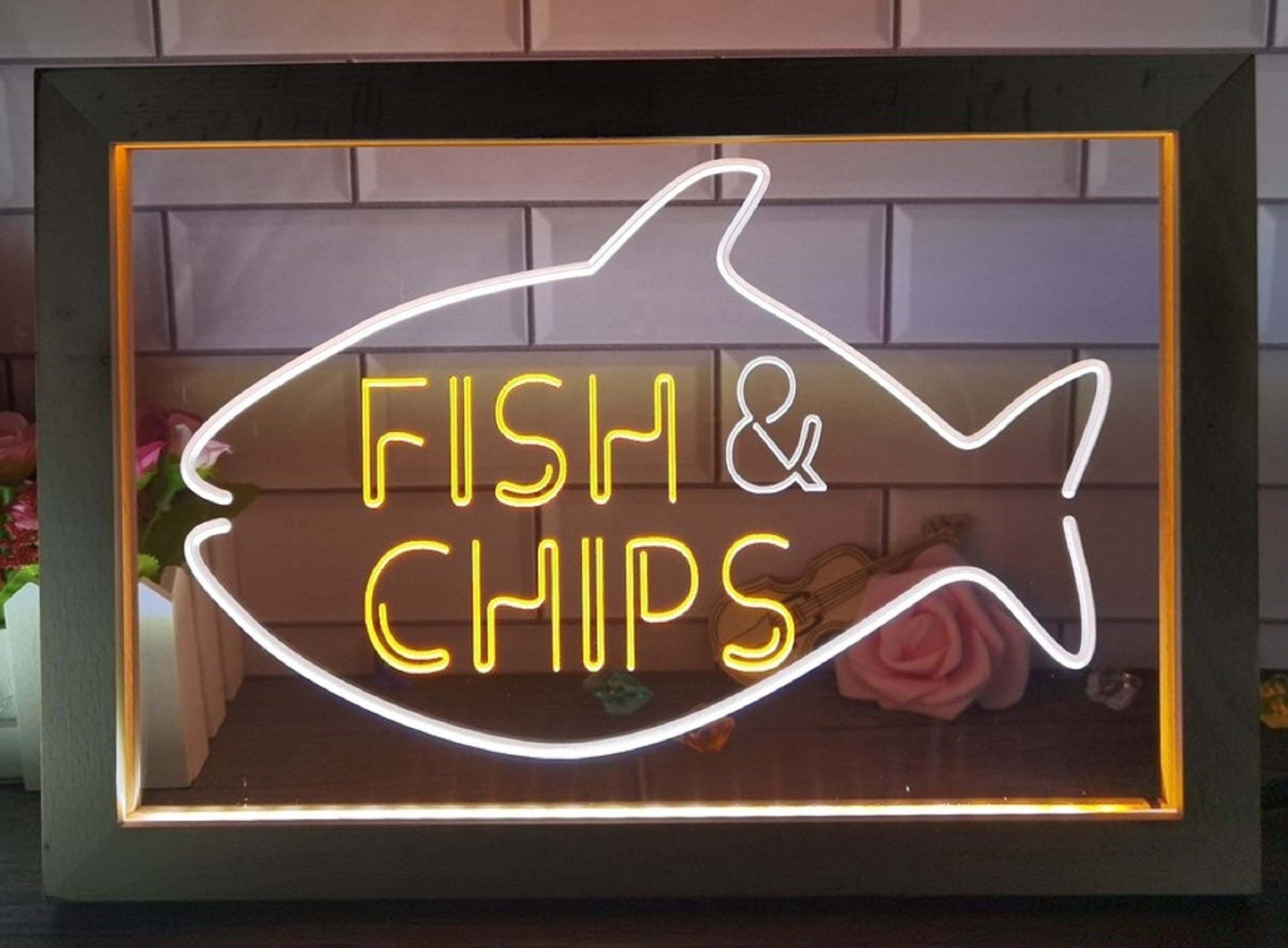 Fish & Chips Open Led Neon Sign Framed Home Kitchen Fish Restaurant Decor