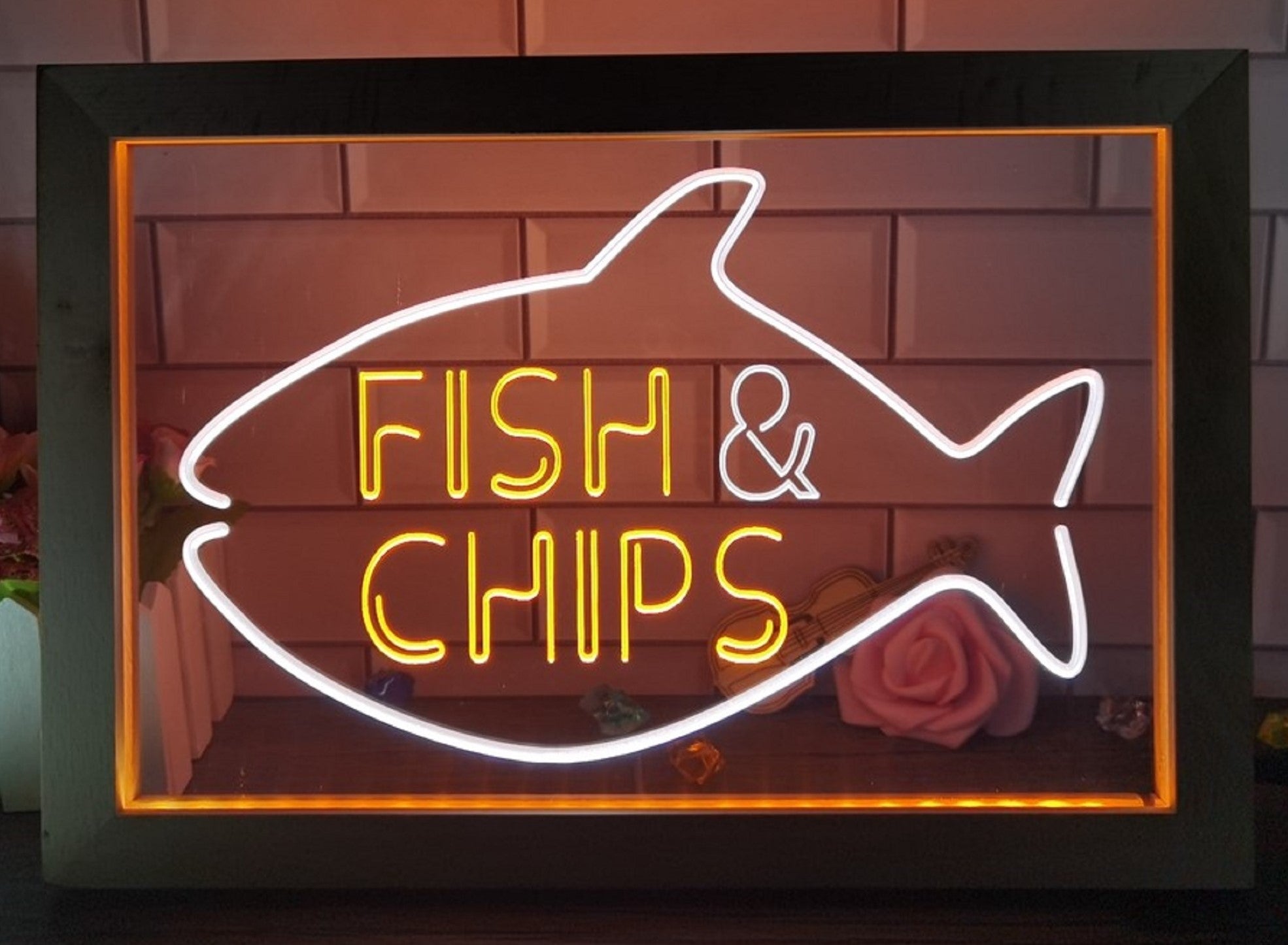 Fish & Chips Open Led Neon Sign Framed Home Kitchen Fish Restaurant Decor