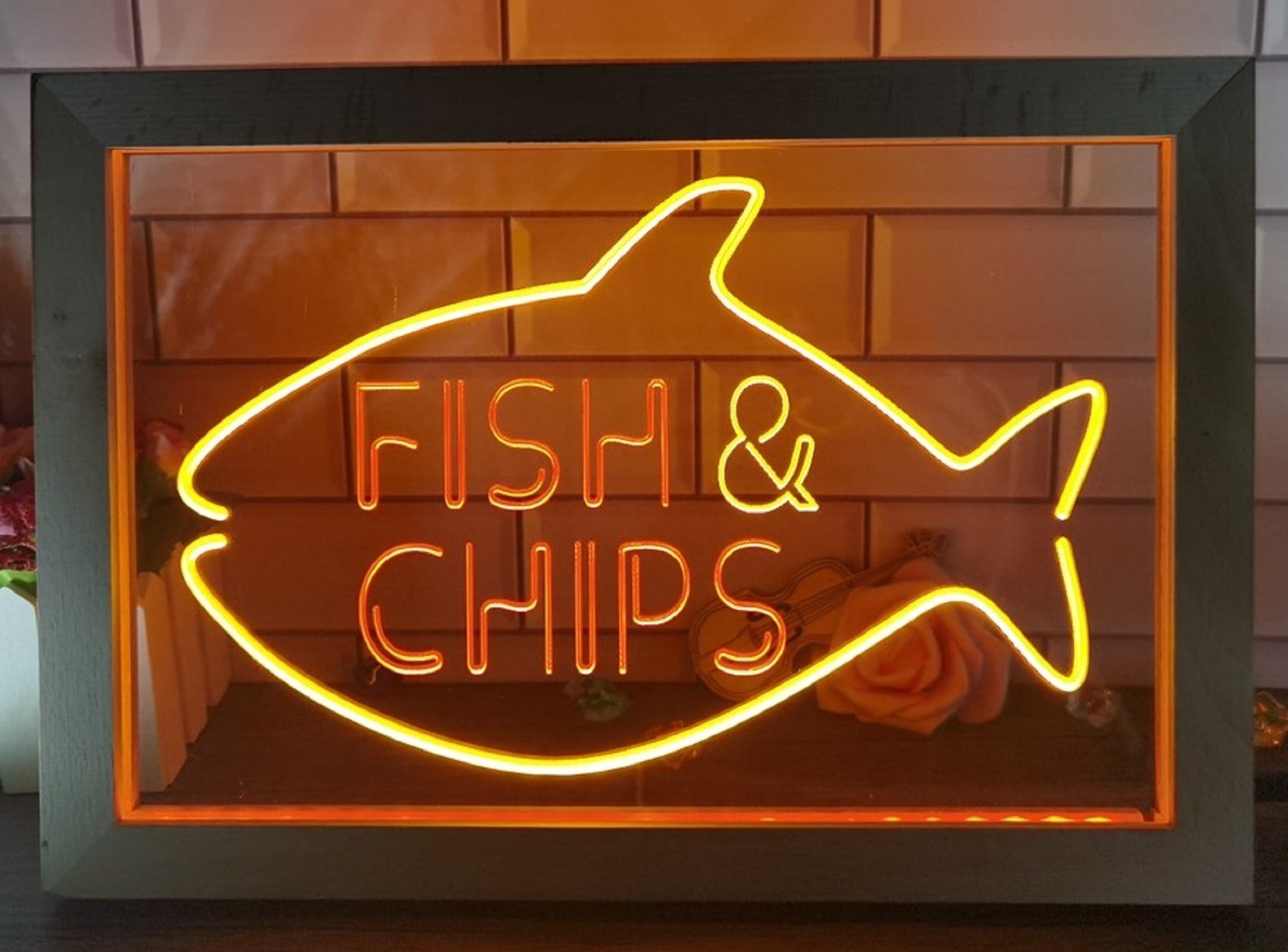 Fish & Chips Open Led Neon Sign Framed Home Kitchen Fish Restaurant Decor