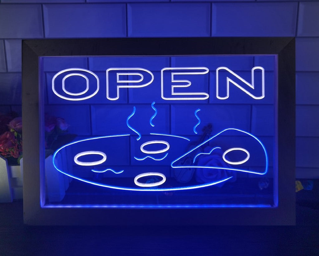 Open Hot Pizza Led Neon Sign Framed Pizzeria Restaurant Wall Hanging Decor