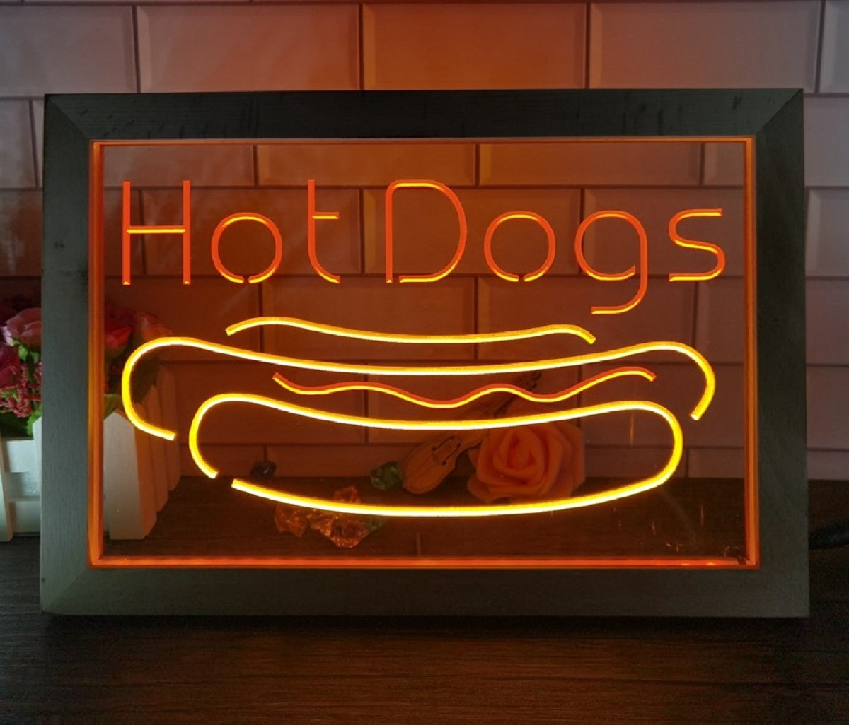 Hot Dogs Led Neon Sign Framed Burger Hot Dog Restaurant Decor