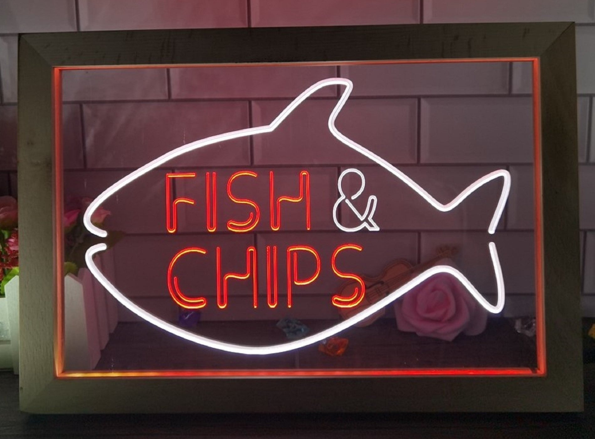 Fish & Chips Open Led Neon Sign Framed Home Kitchen Fish Restaurant Decor