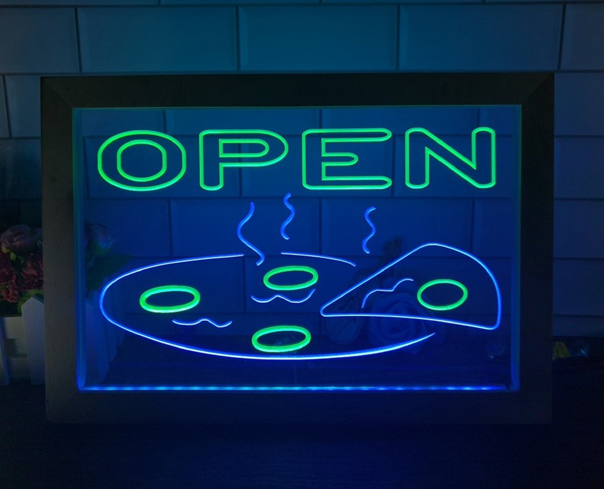 Open Hot Pizza Led Neon Sign Framed Pizzeria Restaurant Wall Hanging Decor